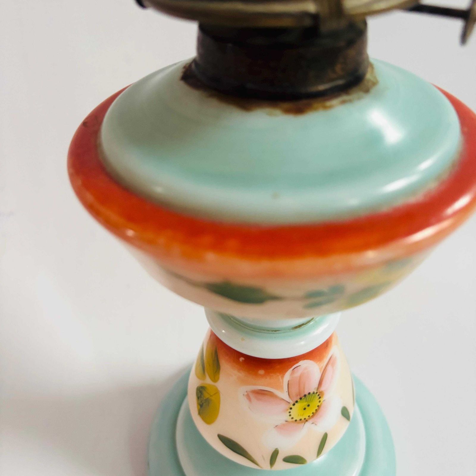 Lighting Victorian Opaline Milk Glass Oil Lamp, Hand Painted Floral Hurricane Table Lamp, 19th Century photo