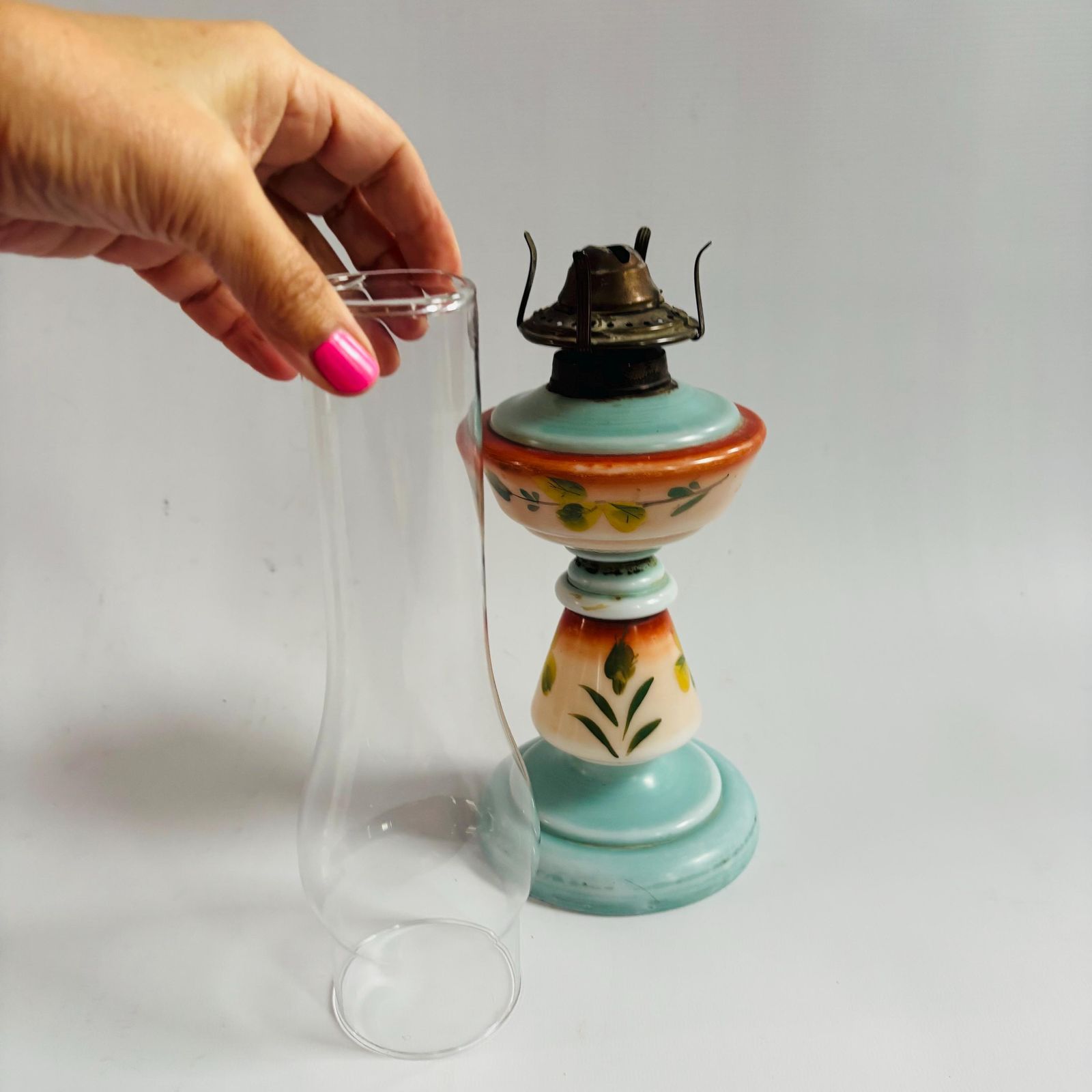 photo buy Victorian Opaline Milk Glass Oil Lamp, Hand Painted Floral Hurricane Table Lamp, 19th Century