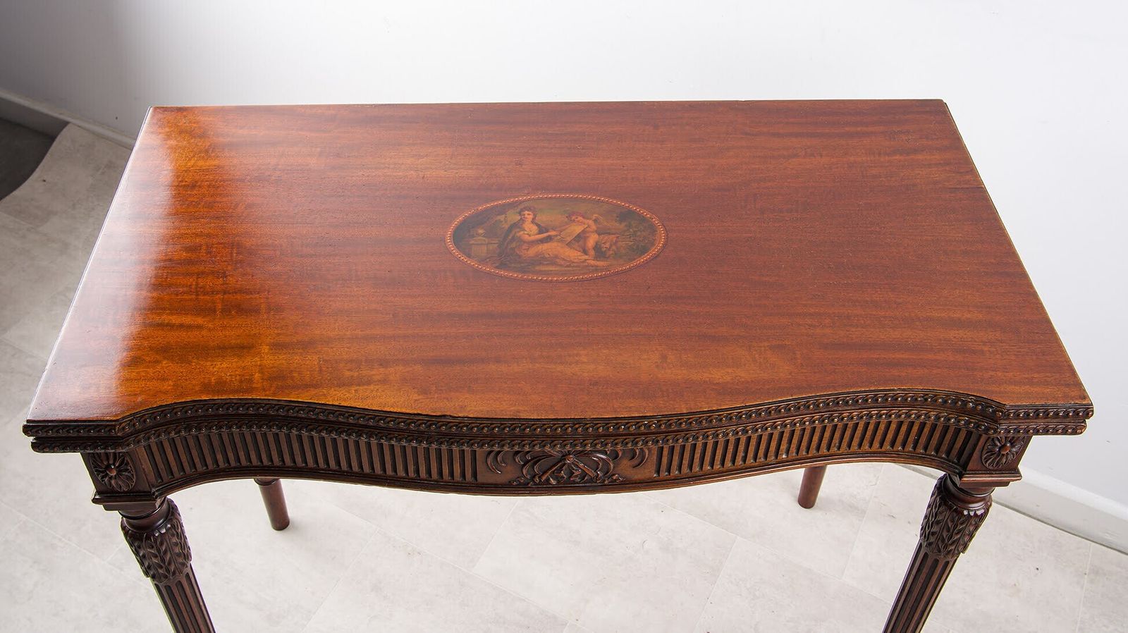 Edwardian Hepplewhite Style Mahogany Fold Over Card Table With Painted Medallion C.1910 photo Furniture