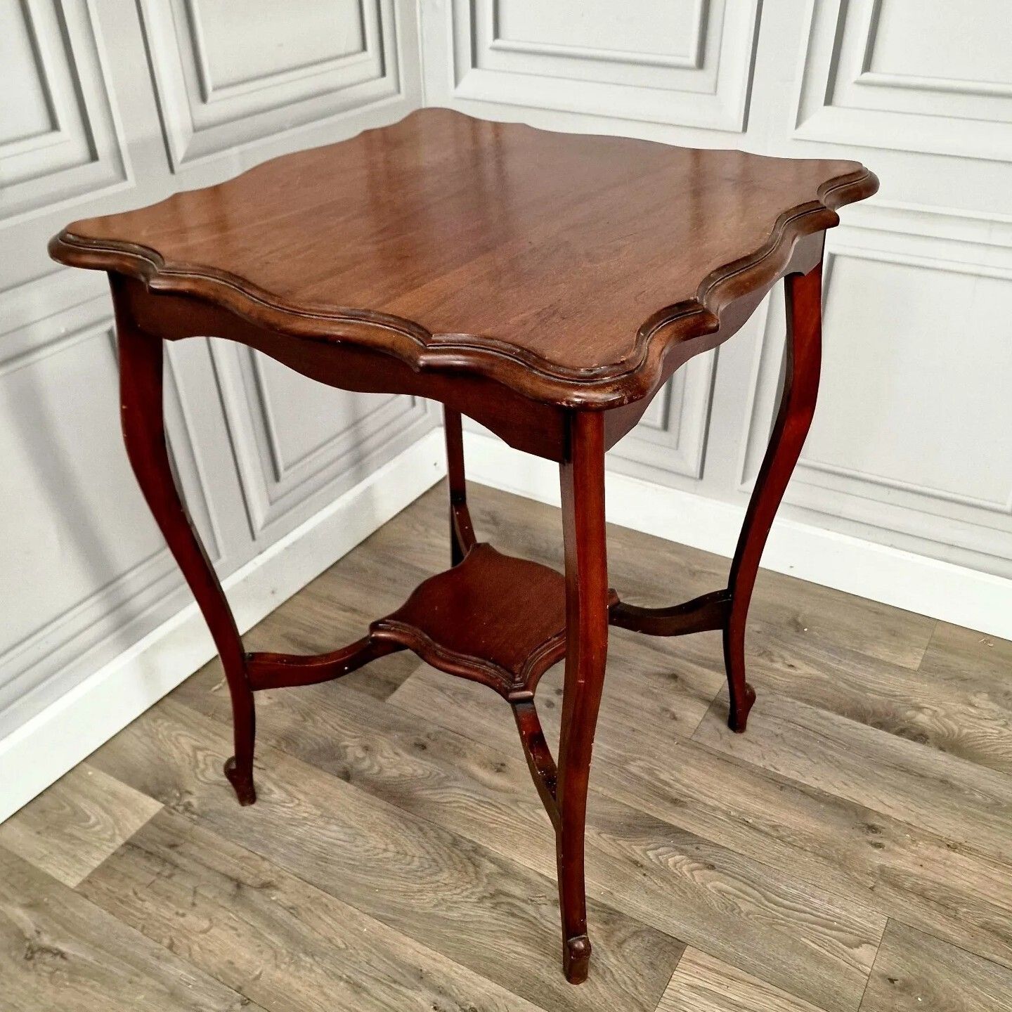 Antique Side End Table Wooden Edwardian Window  Scalloped Top 2 Tier Mahogany