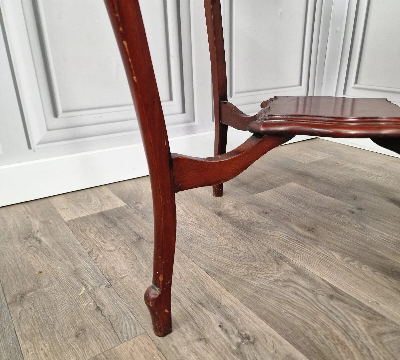 photo buy Antique Side End Table Wooden Edwardian Window  Scalloped Top 2 Tier Mahogany