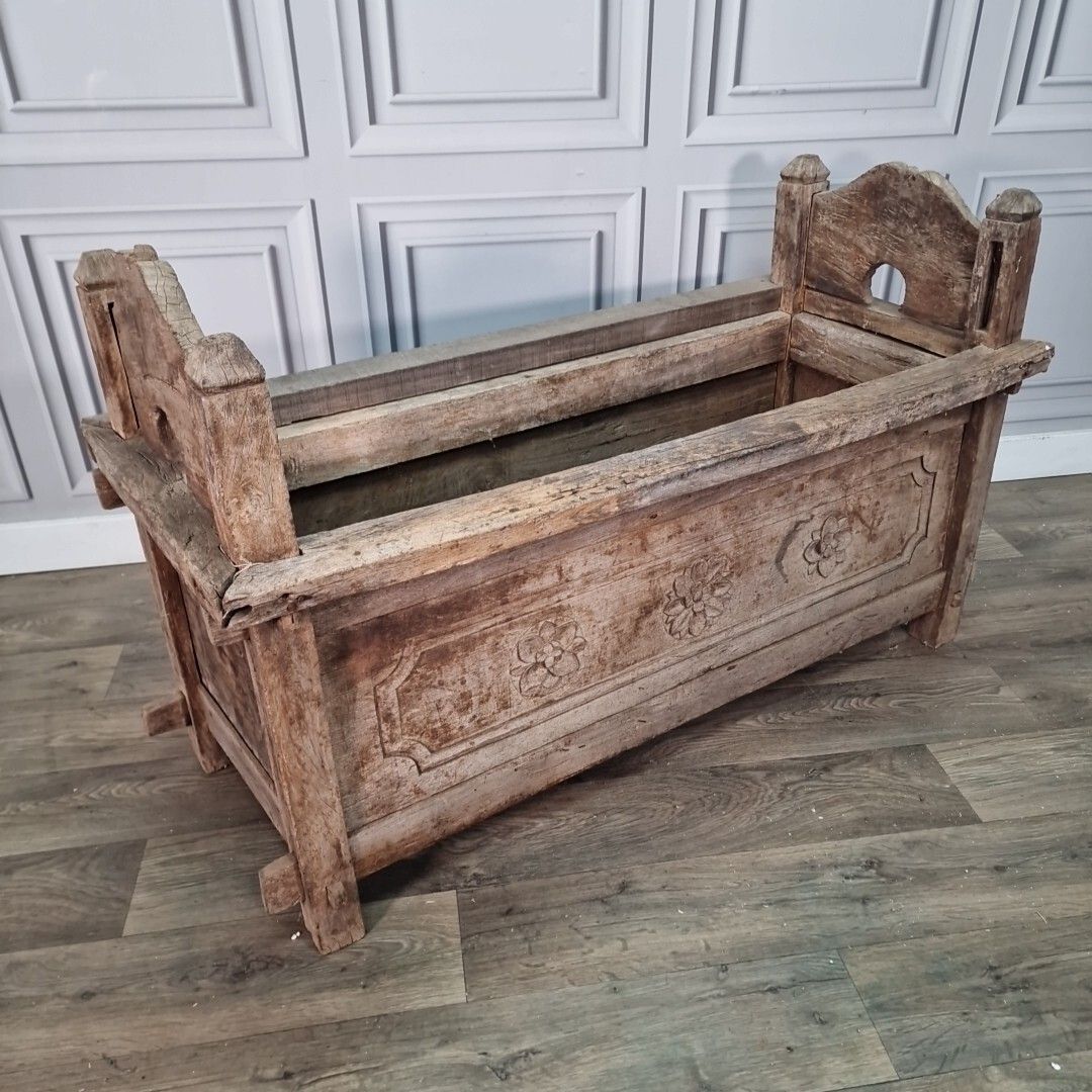 Antique Trunk Chest Box Javanese Solid Hard Wood Carved Floral Garden Trough photo for sale