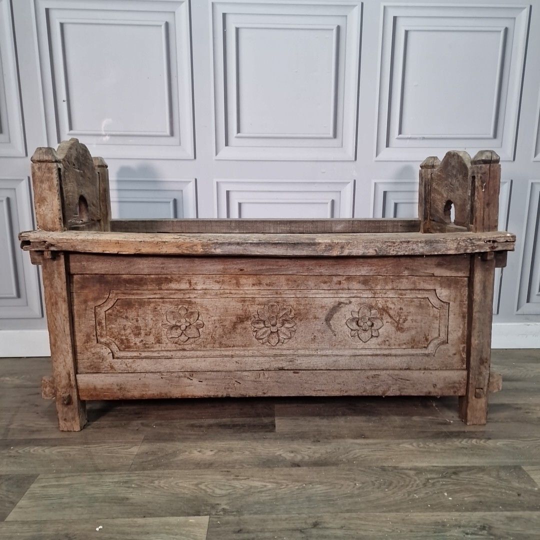 Antique Trunk Chest Box Javanese Solid Hard Wood Carved Floral Garden Trough photo Furniture