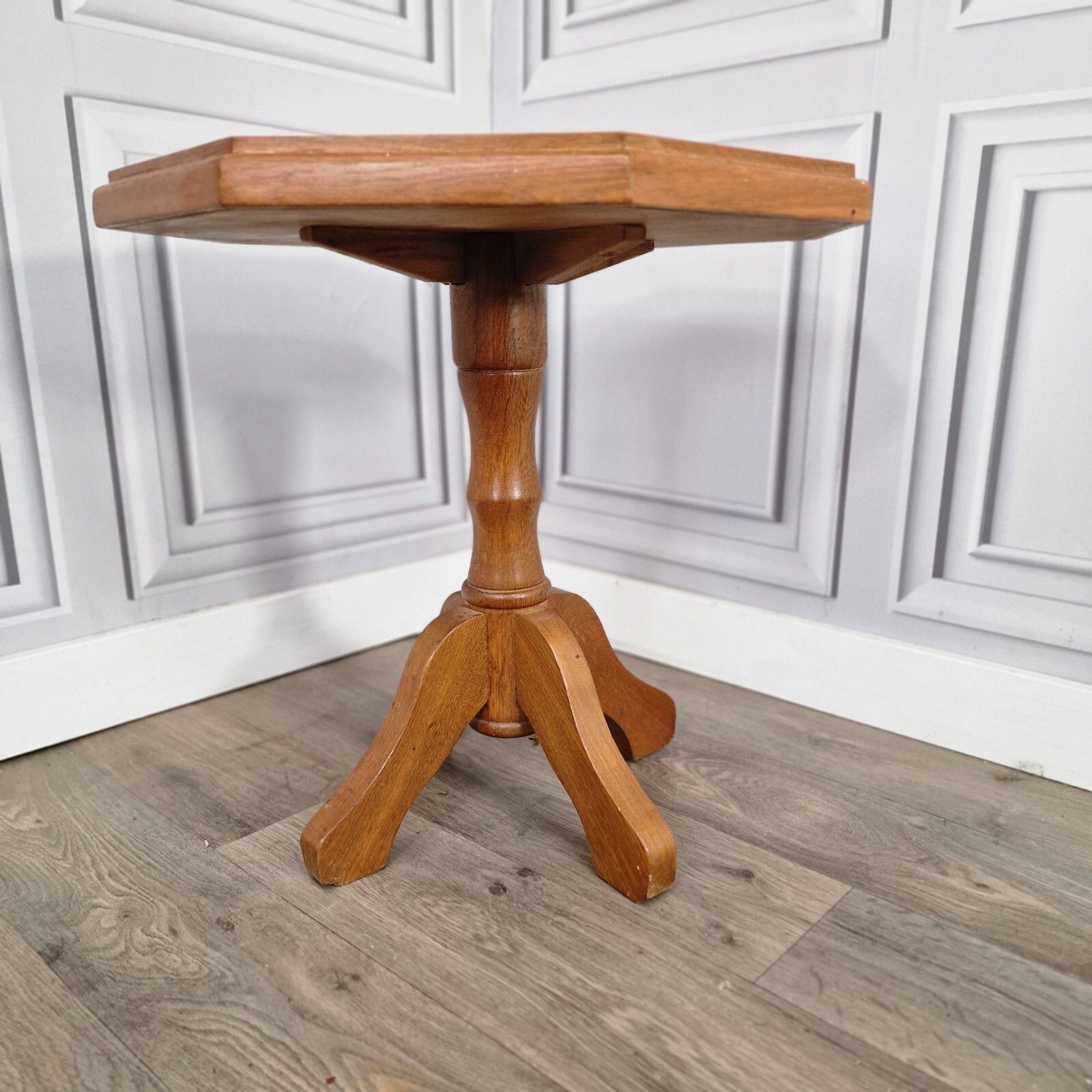 Vintage Wine Side Table Turned Pedestal Tripod Leg Plant Stand  Oak Wooden Top photo for sale