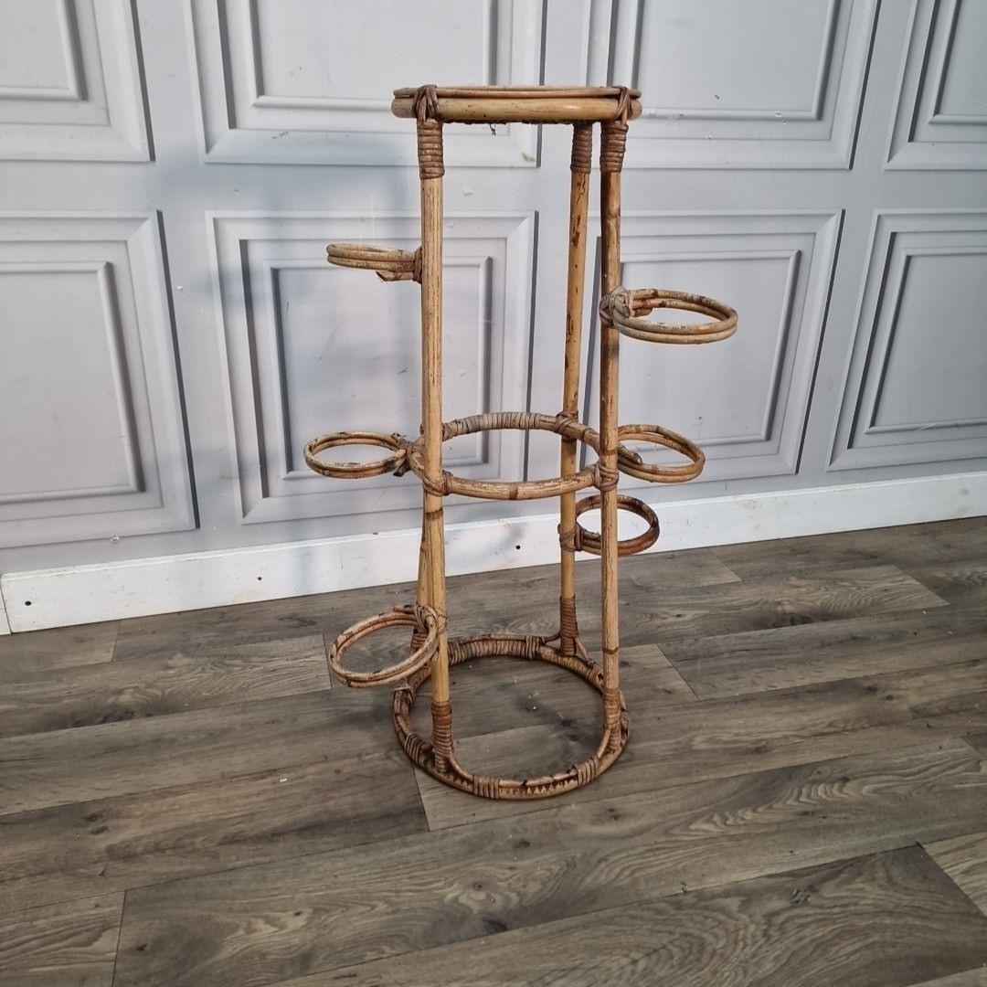 Vintage Plant Stand Rattan & Bamboo – Mid Century Circular Plant Holder Retro photo for sale