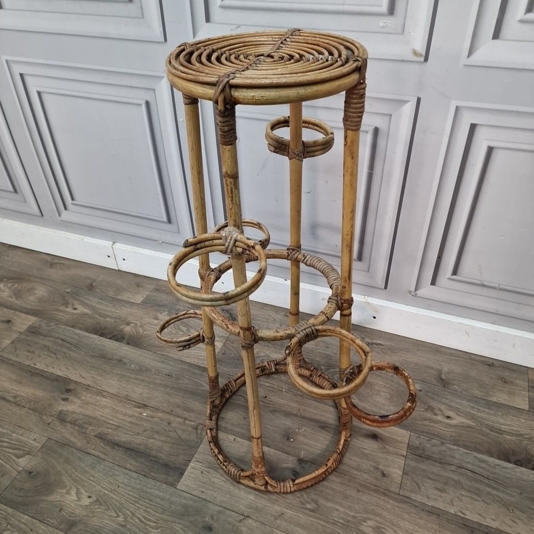 Vintage Plant Stand Rattan & Bamboo – Mid Century Circular Plant Holder Retro photo 80.0