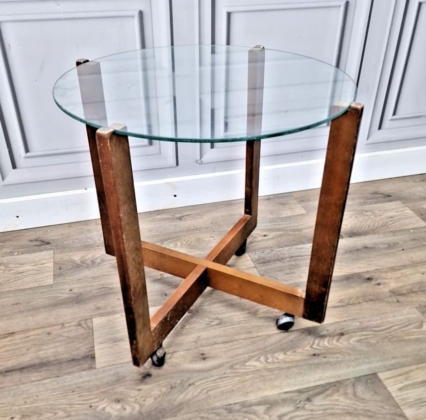 Vintage Glass Side Table Mid Century Modern – Wooden Retro Coffee On Castors