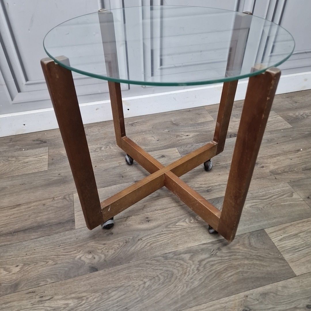 Vintage Glass Side Table Mid Century Modern – Wooden Retro Coffee On Castors photo vinterior