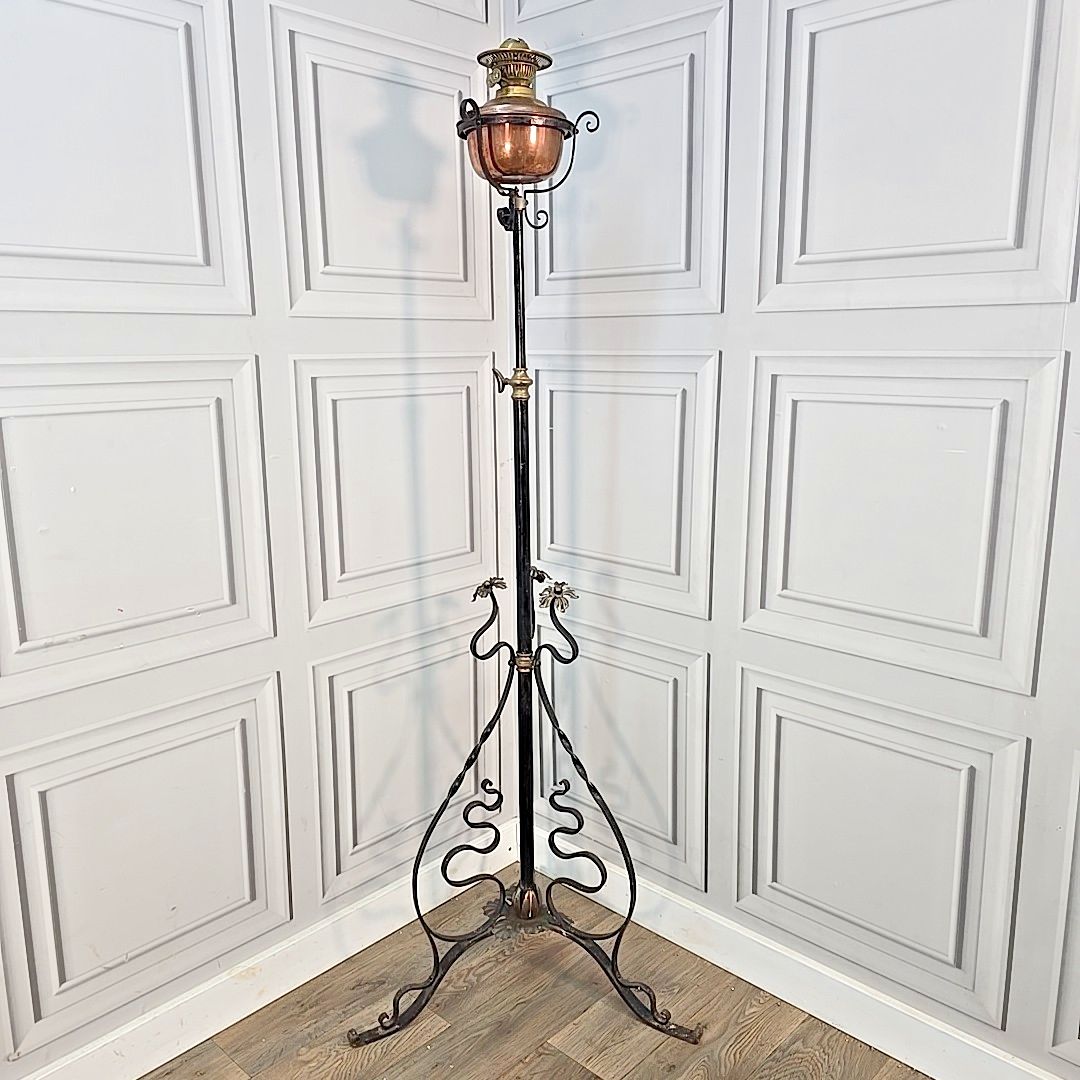 Antique Standard Lamp Copper & Brass Oil Light Wrought Iron Stand For Rewire photo furniture