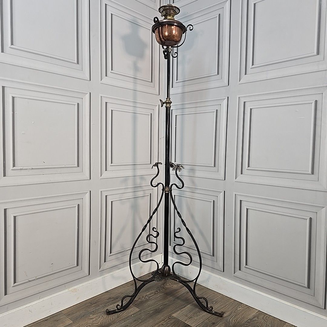 Antique Standard Lamp Copper & Brass Oil Light Wrought Iron Stand For Rewire photo for sale