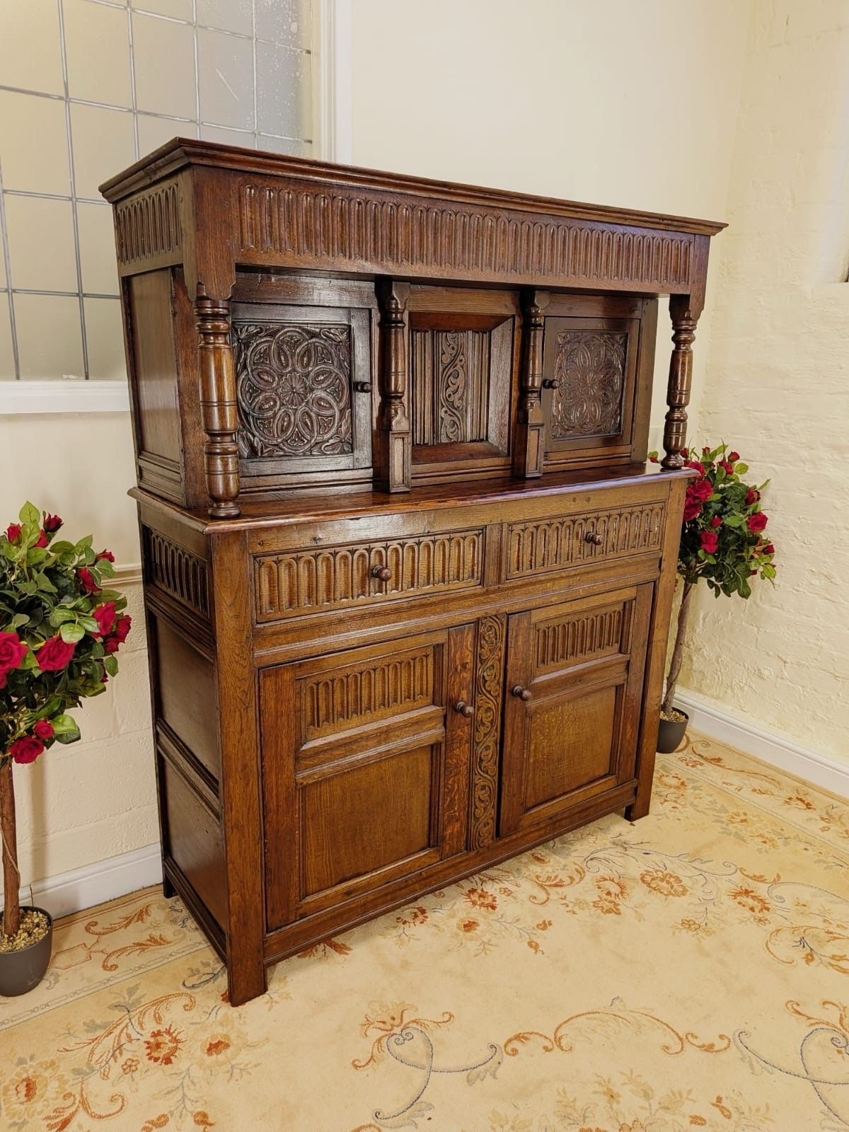 Rare 18th Century Georgian Period Large Solid Oak Carved Court Cupboard photo furniture