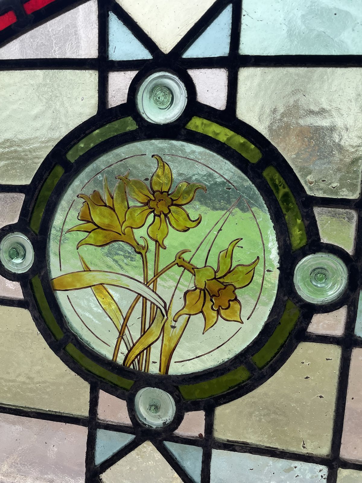 Pair Of Hand Painted Victorian Stained Glass Window Panels Forming An Arch     Pretty Floral Design. photo Home Fixtures
