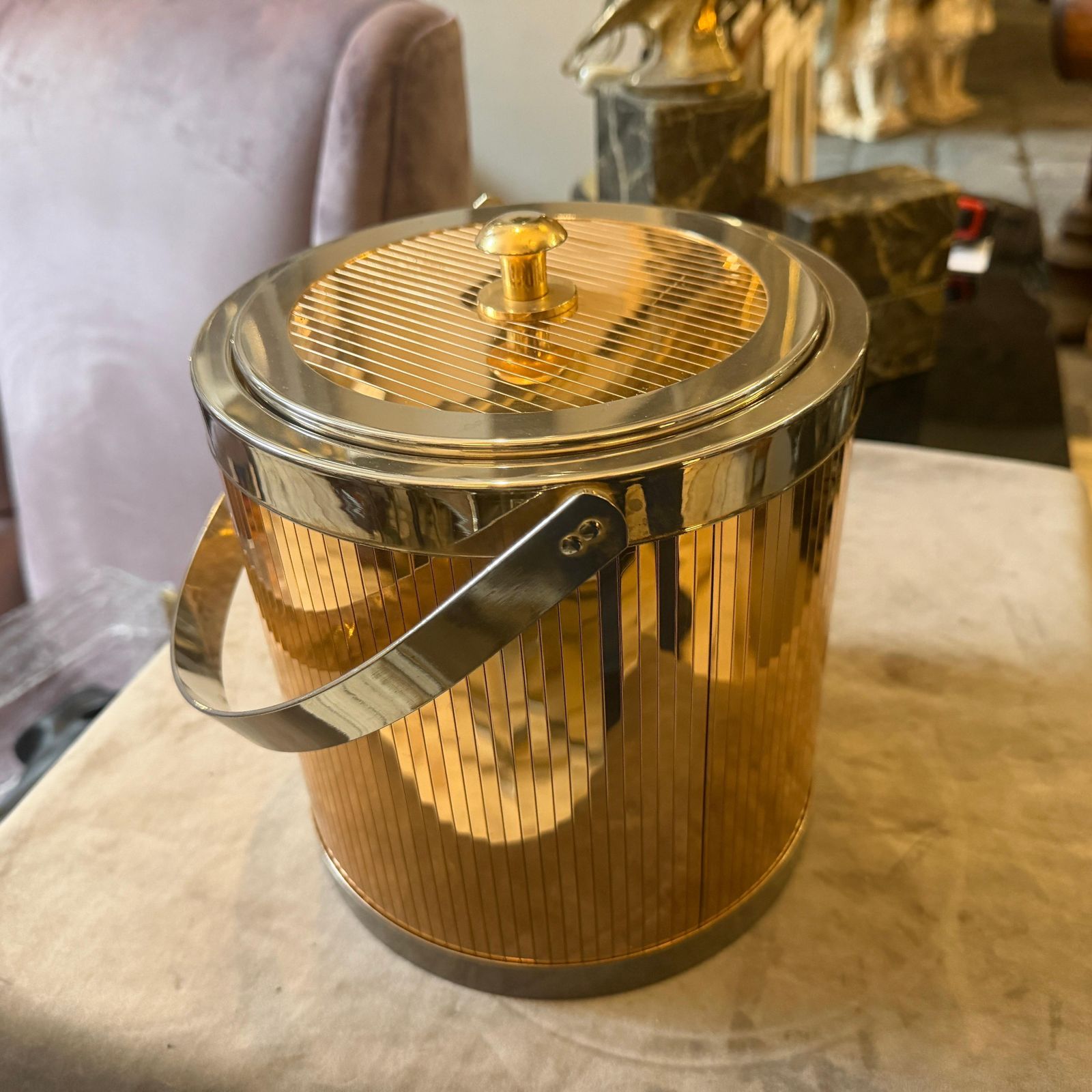 1970s Stunning Mid Century Modern Brass And Silver Plated Ice Bucket By Lidian photo vintage