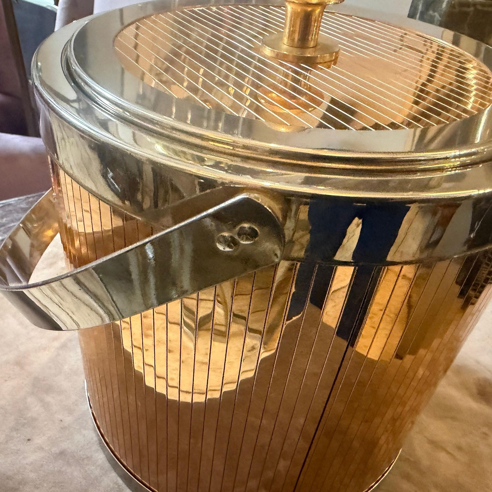 photo vintage 1970s Stunning Mid Century Modern Brass And Silver Plated Ice Bucket By Lidian