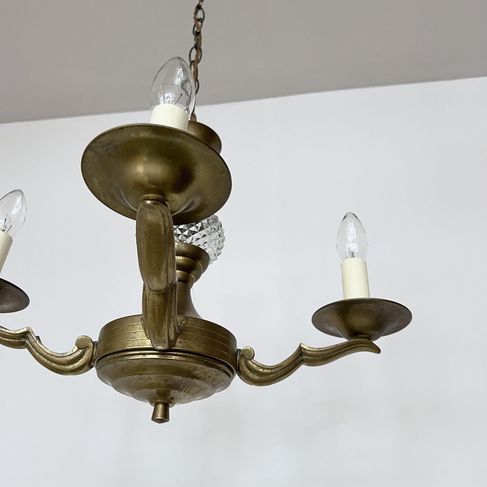 Brass Four Arm Chandelier With Faceted Glass Stem Detail photo 295.0
