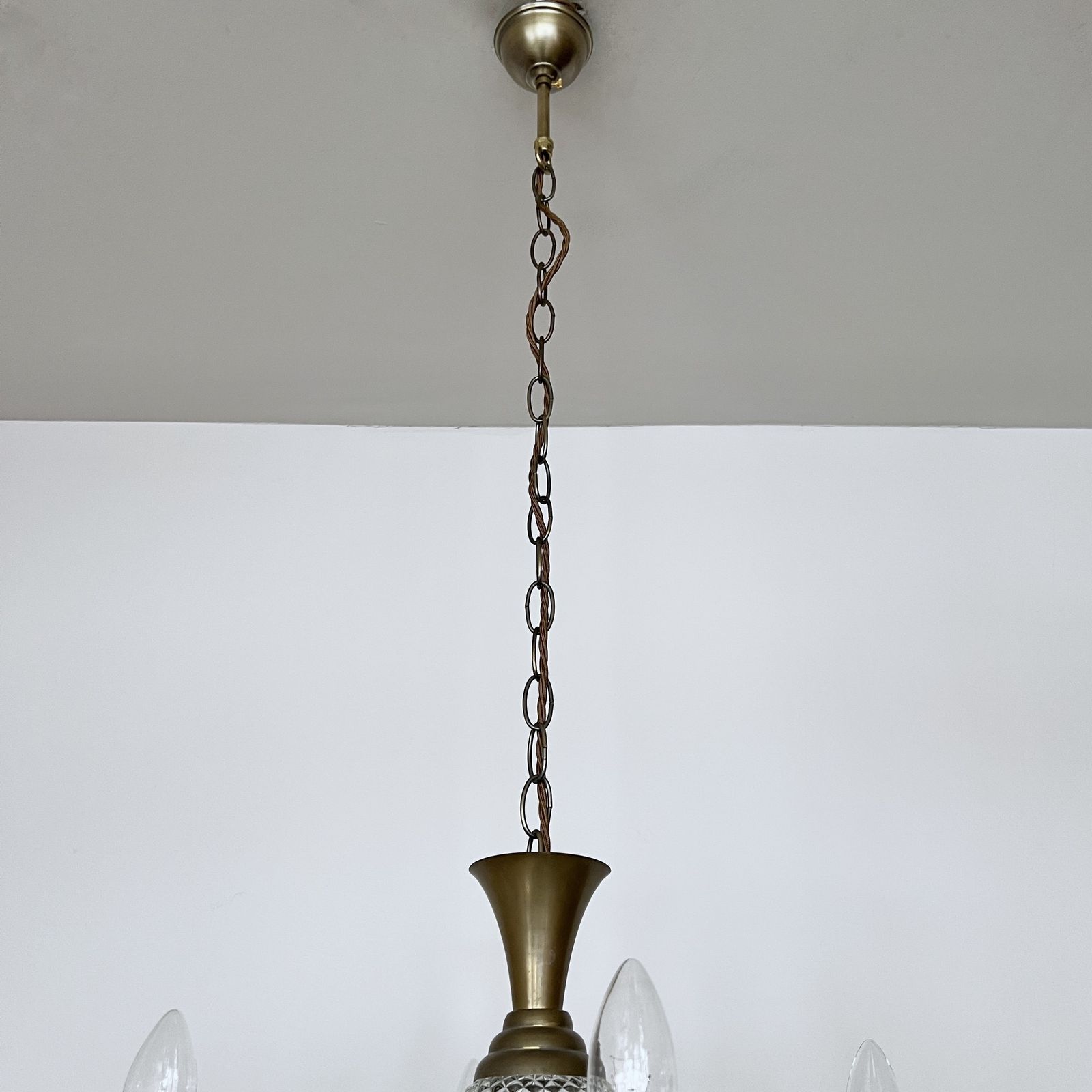 Brass Four Arm Chandelier With Faceted Glass Stem Detail photo buy