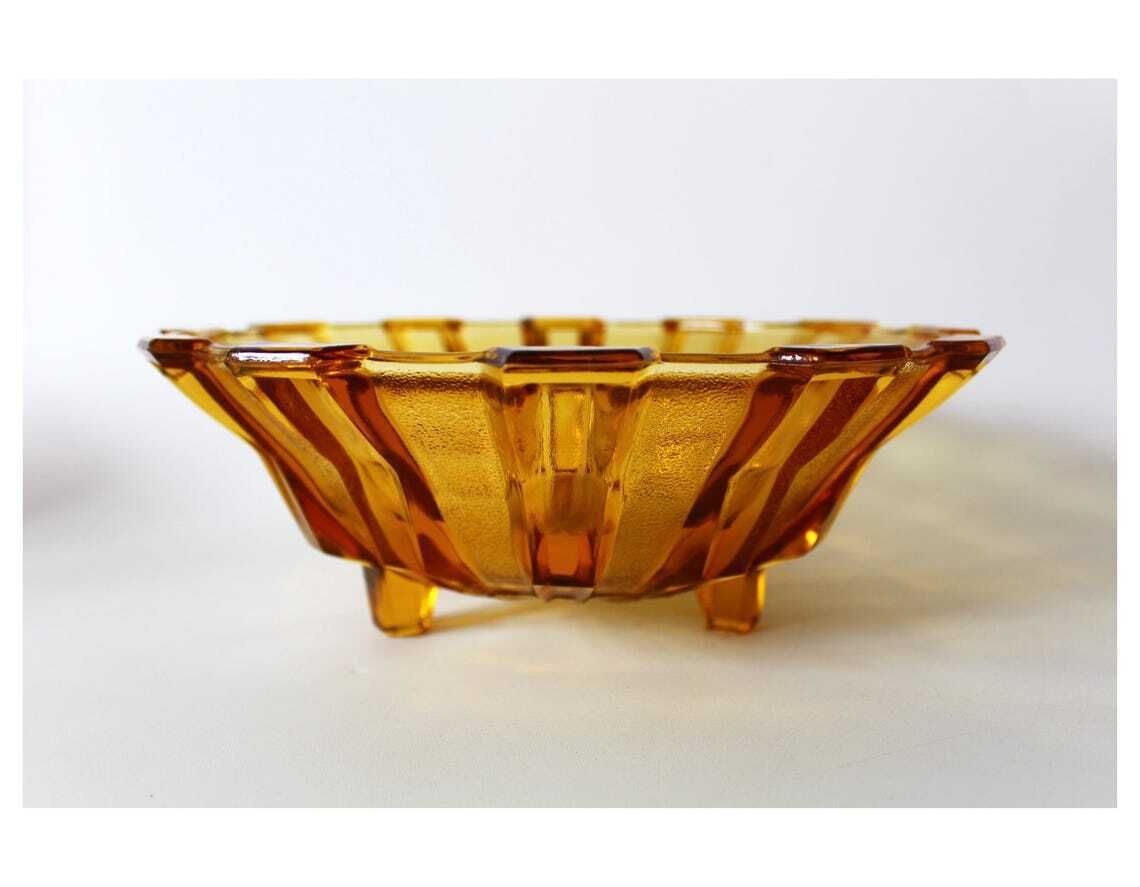 Large Vintage Art Deco Circa 1930s Amber Glass Fruit Bowl Belgium By Scailmont Henri Heemskerk Geometric Design Centerpiece