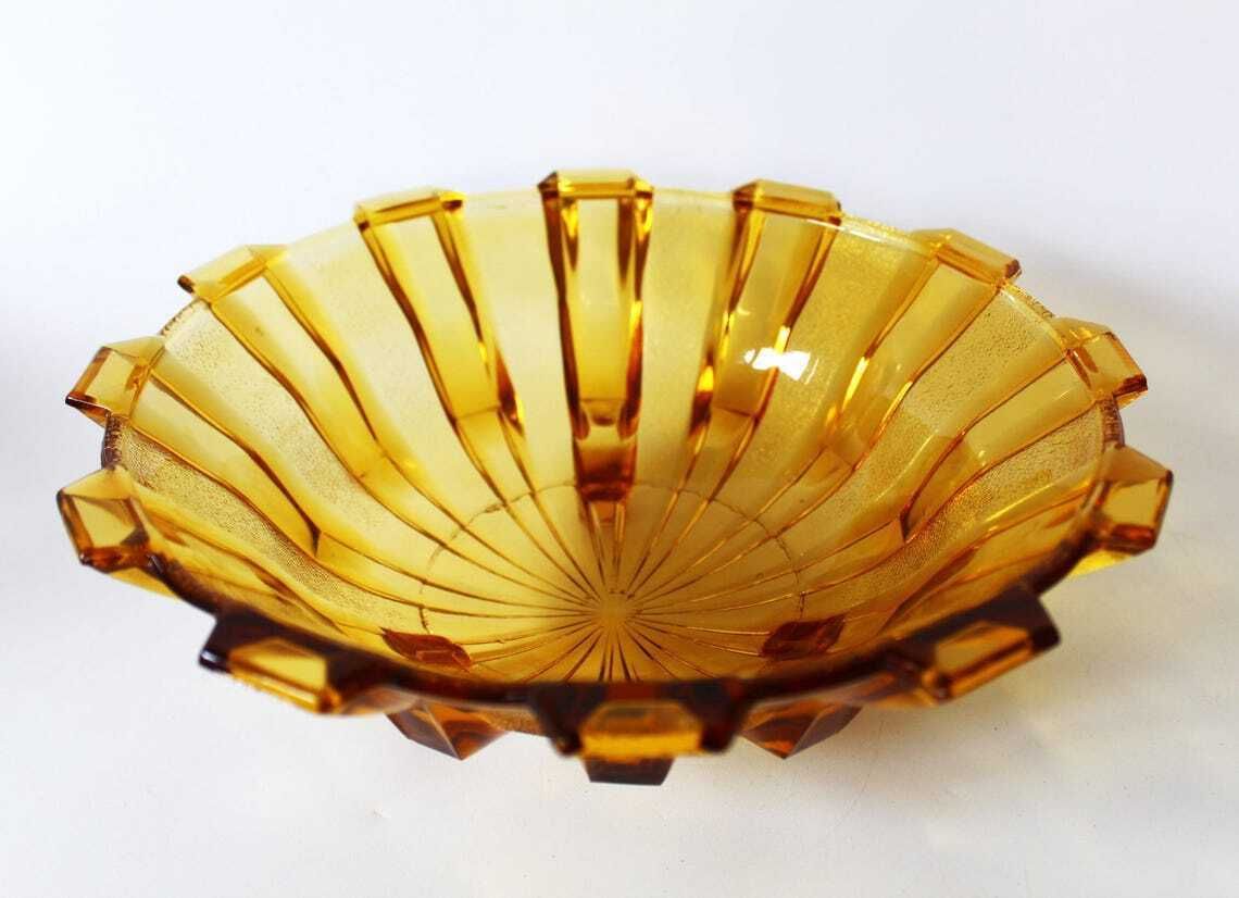 Large Vintage Art Deco Circa 1930s Amber Glass Fruit Bowl Belgium By Scailmont Henri Heemskerk Geometric Design Centerpiece photo 69.0