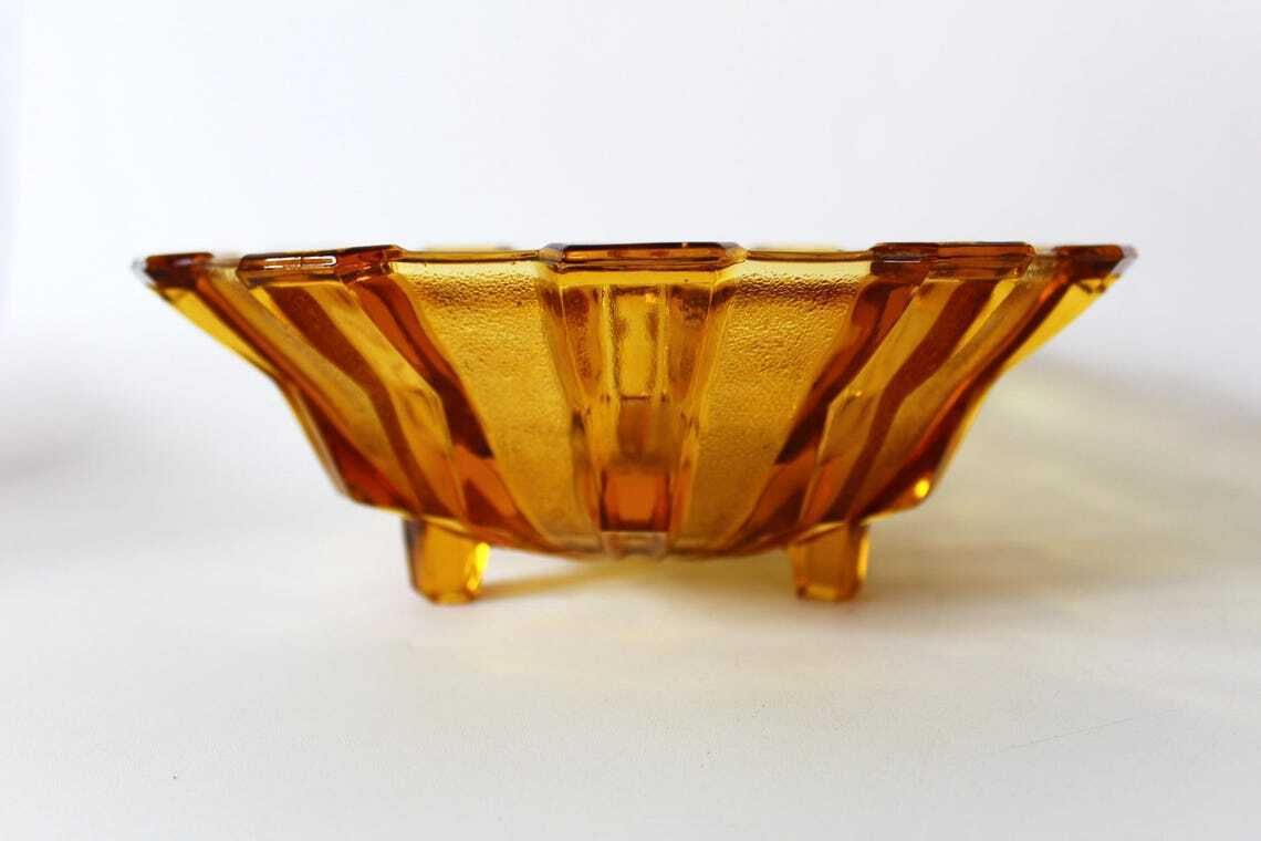 Large Vintage Art Deco Circa 1930s Amber Glass Fruit Bowl Belgium By Scailmont Henri Heemskerk Geometric Design Centerpiece photo buy