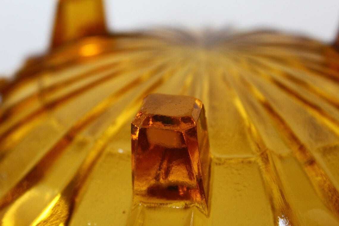 photo vinterior Large Vintage Art Deco Circa 1930s Amber Glass Fruit Bowl Belgium By Scailmont Henri Heemskerk Geometric Design Centerpiece