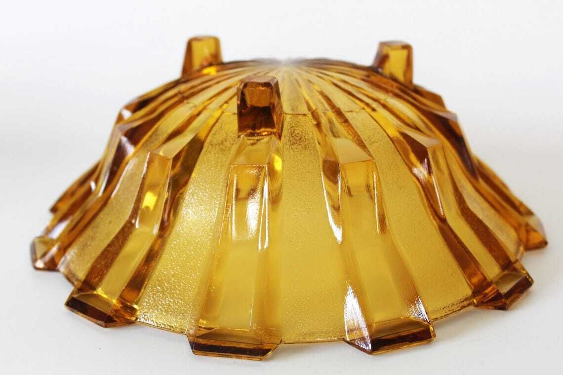 photo buy Large Vintage Art Deco Circa 1930s Amber Glass Fruit Bowl Belgium By Scailmont Henri Heemskerk Geometric Design Centerpiece