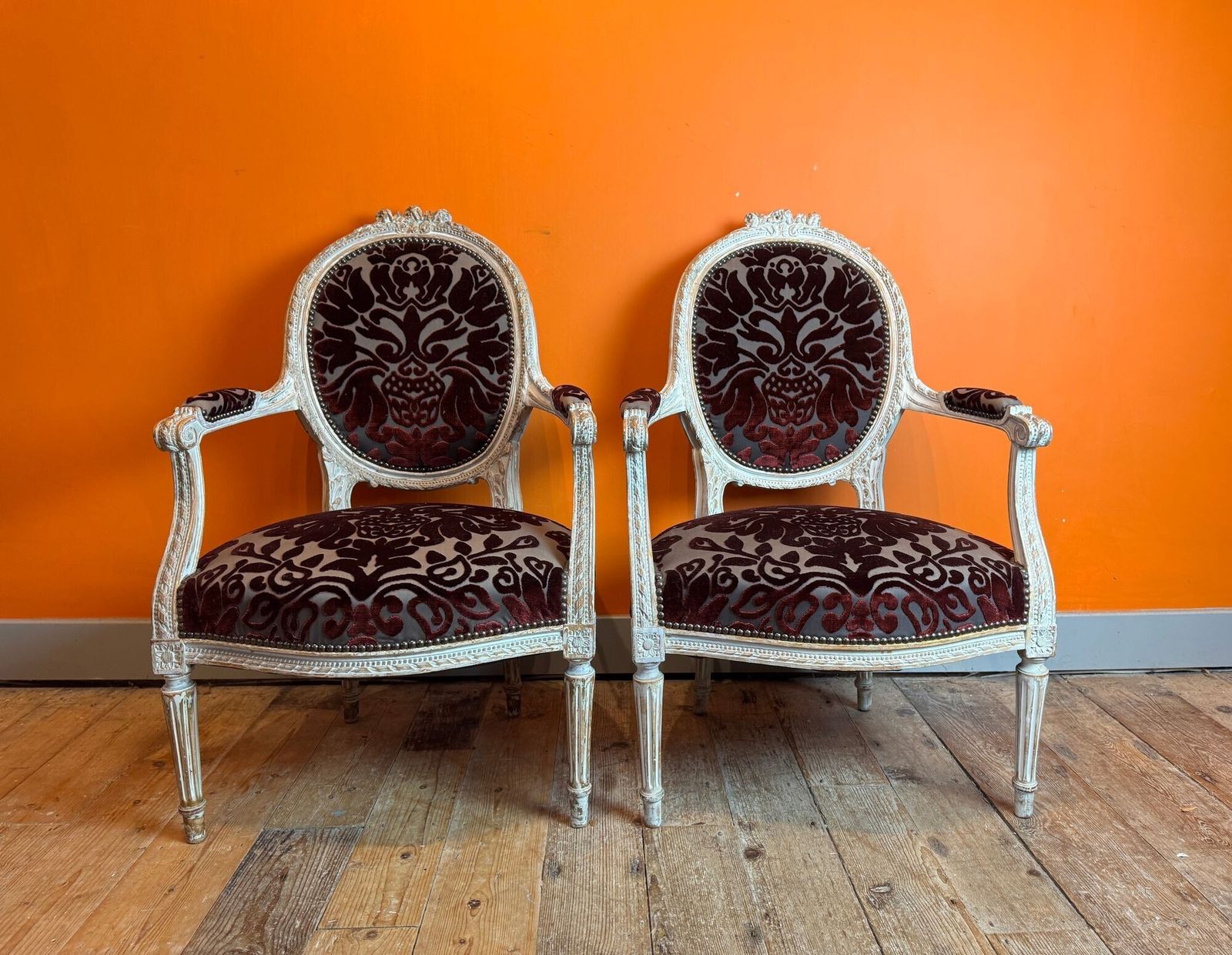 Pair Of 19th Century French Carved & Painted Fauteuils In Louis XVI Taste photo for sale
