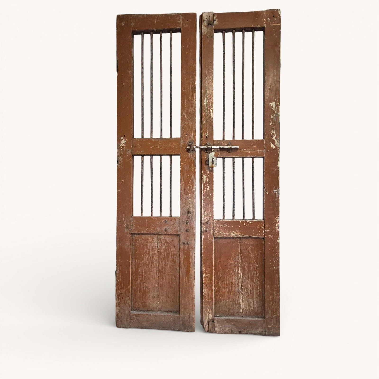 photo for sale Antique Indian Jali Doors Pair 182cm X 91.5cm | Rustic Wooden Panel Doors With Metal Bars | Architectural Salvage