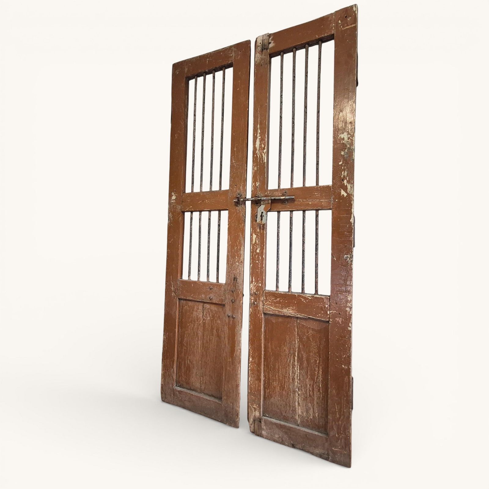 photo buy Antique Indian Jali Doors Pair 182cm X 91.5cm | Rustic Wooden Panel Doors With Metal Bars | Architectural Salvage