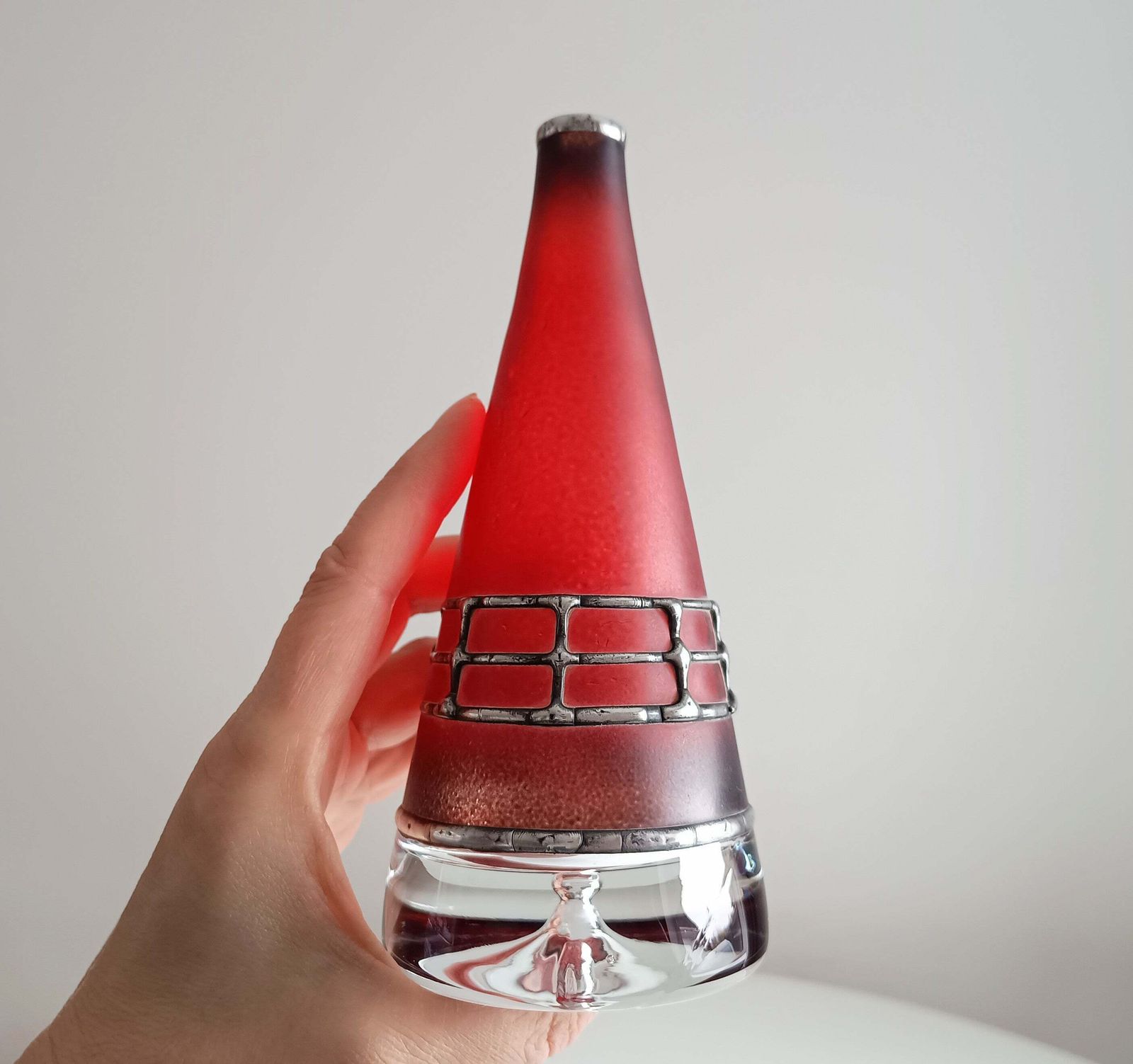 Sculptural Art Glass Vase By Miracle: Silver Overlay, Controlled Base Bubble, Czech Bohemia photo for sale