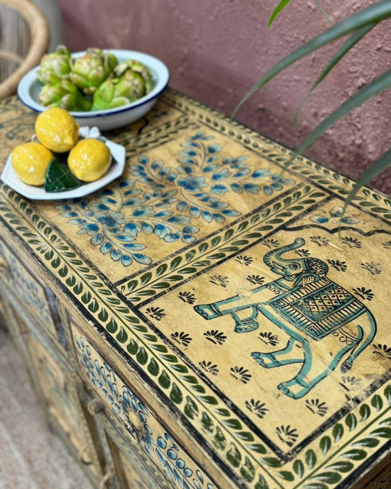 One Of A Kind Vintage Reclaimed Indian Sideboard With Floral, Horse, And Elephant Designs photo Furniture
