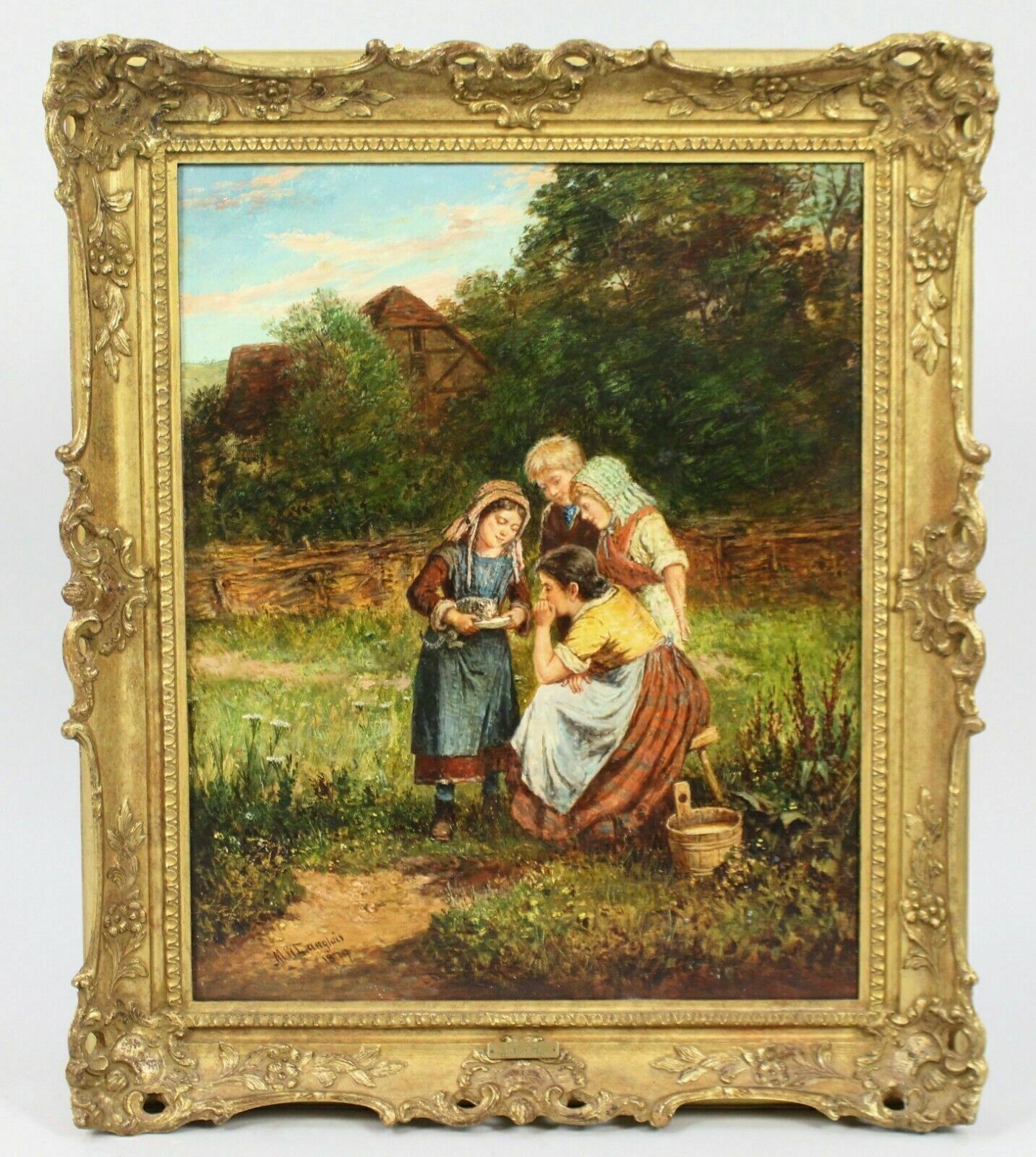 Feeding The Kitten By Mark William Langlois (British, 1848 1924) Oil On Canvas