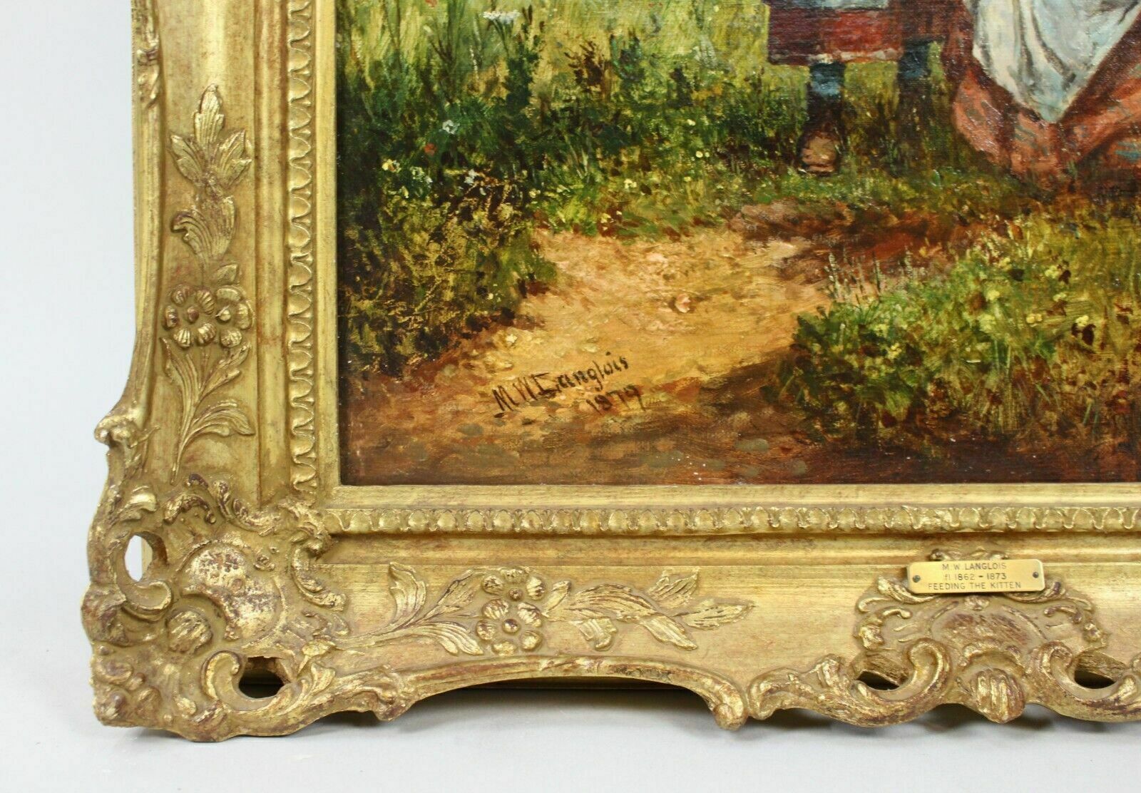 Feeding The Kitten By Mark William Langlois (British, 1848 1924) Oil On Canvas photo Art