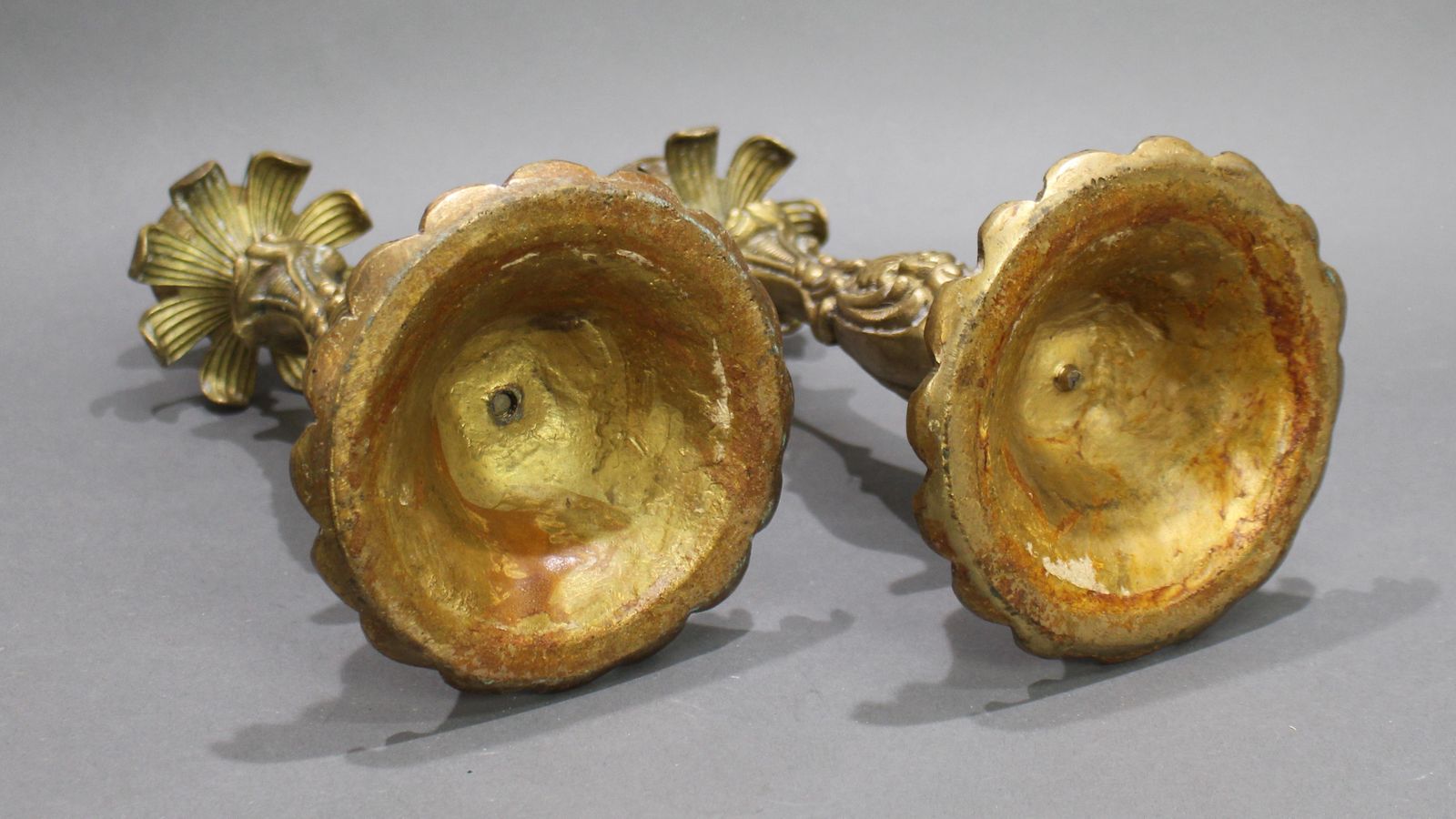 photo for sale Pair Of French Rococo Revival Cast Brass Candlesticks, C.1890