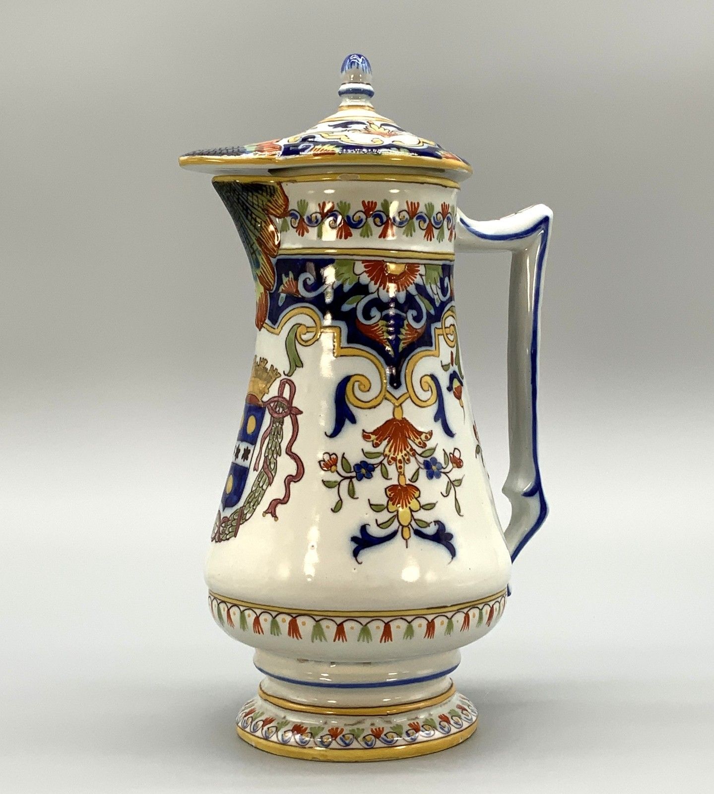 Pitcher Coffee Pot Faience French Cherbourg Polychrome Coat Of Arms Ceramic Jug