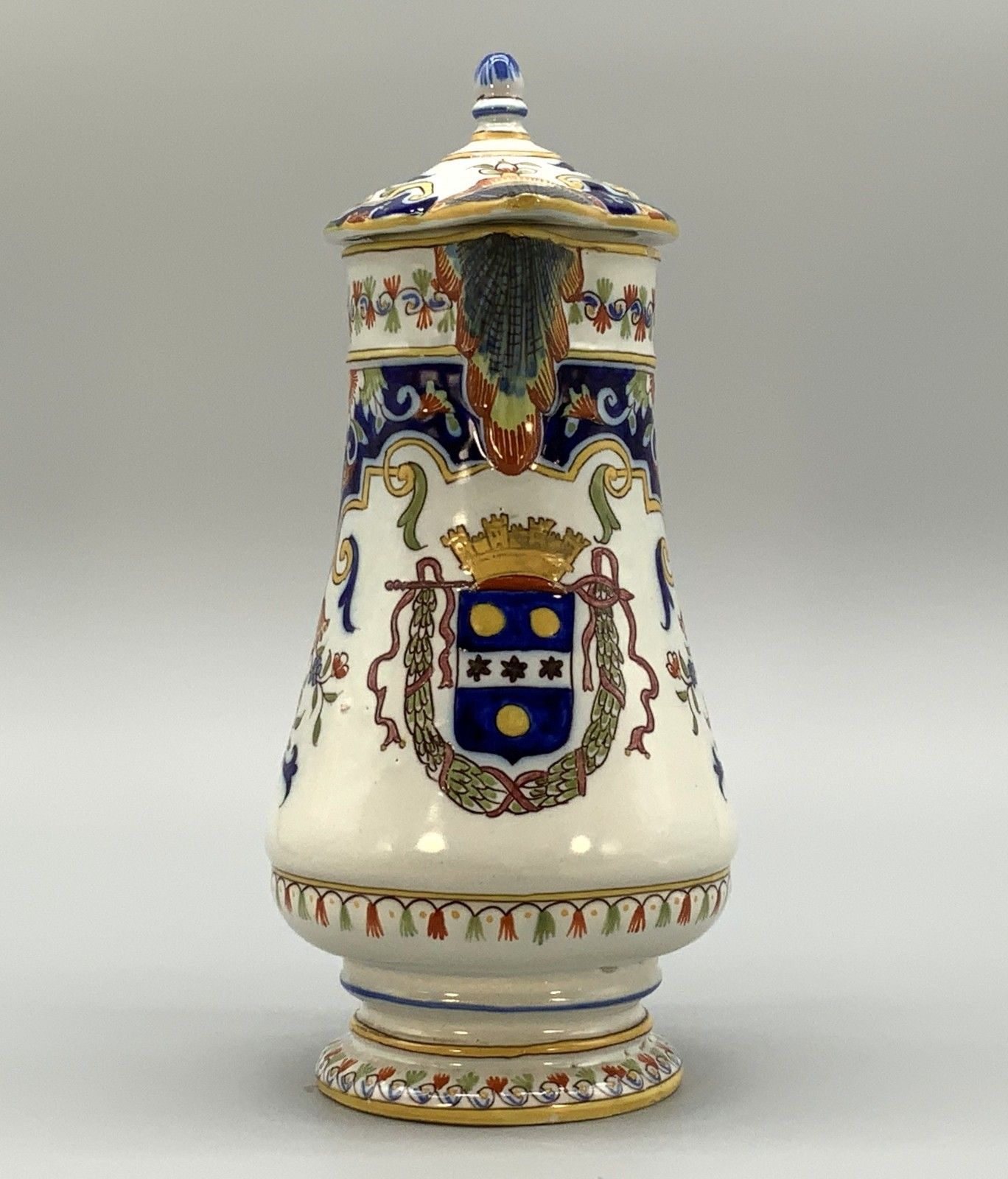 Pitcher Coffee Pot Faience French Cherbourg Polychrome Coat Of Arms Ceramic Jug photo 245.0