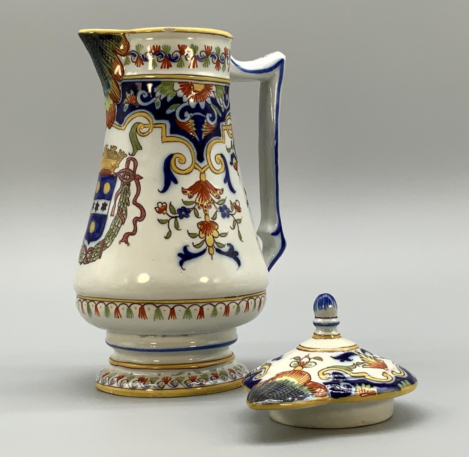 Home Decor Pitcher Coffee Pot Faience French Cherbourg Polychrome Coat Of Arms Ceramic Jug photo