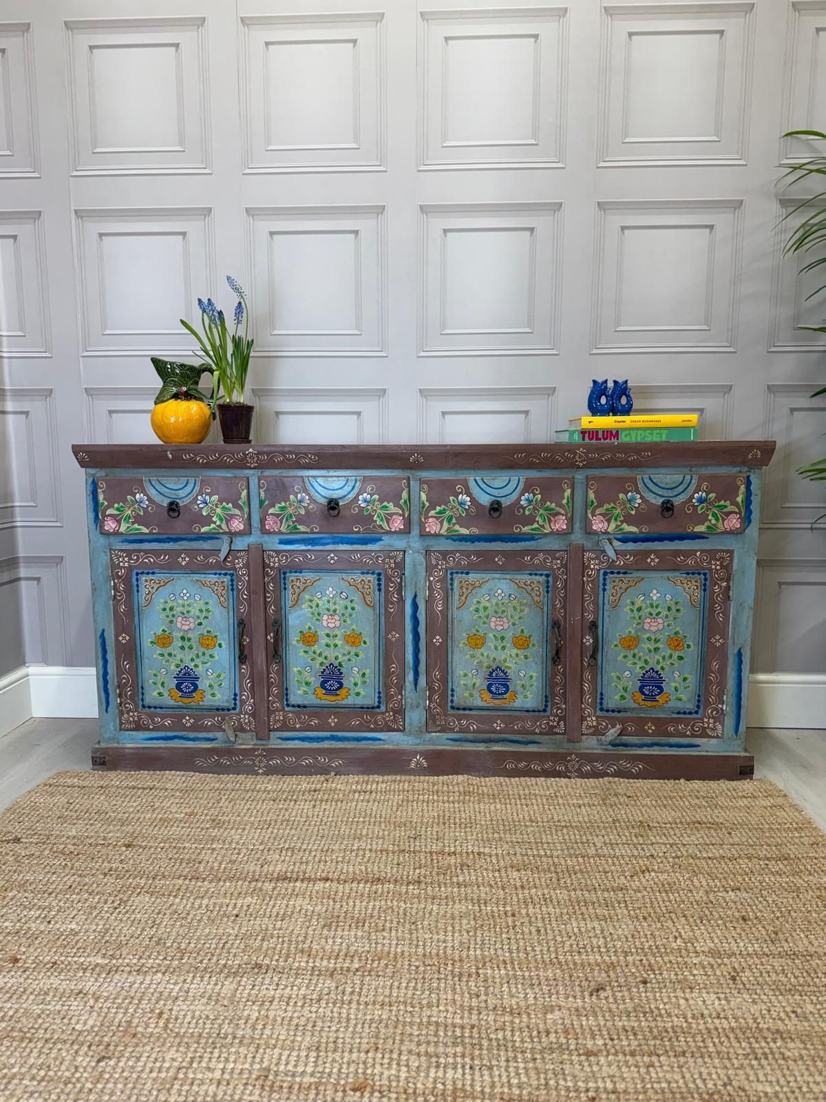 Vintage Hand Painted Mango Wood Sideboard – 4 Doors, 4 Drawers, Turquoise Finish