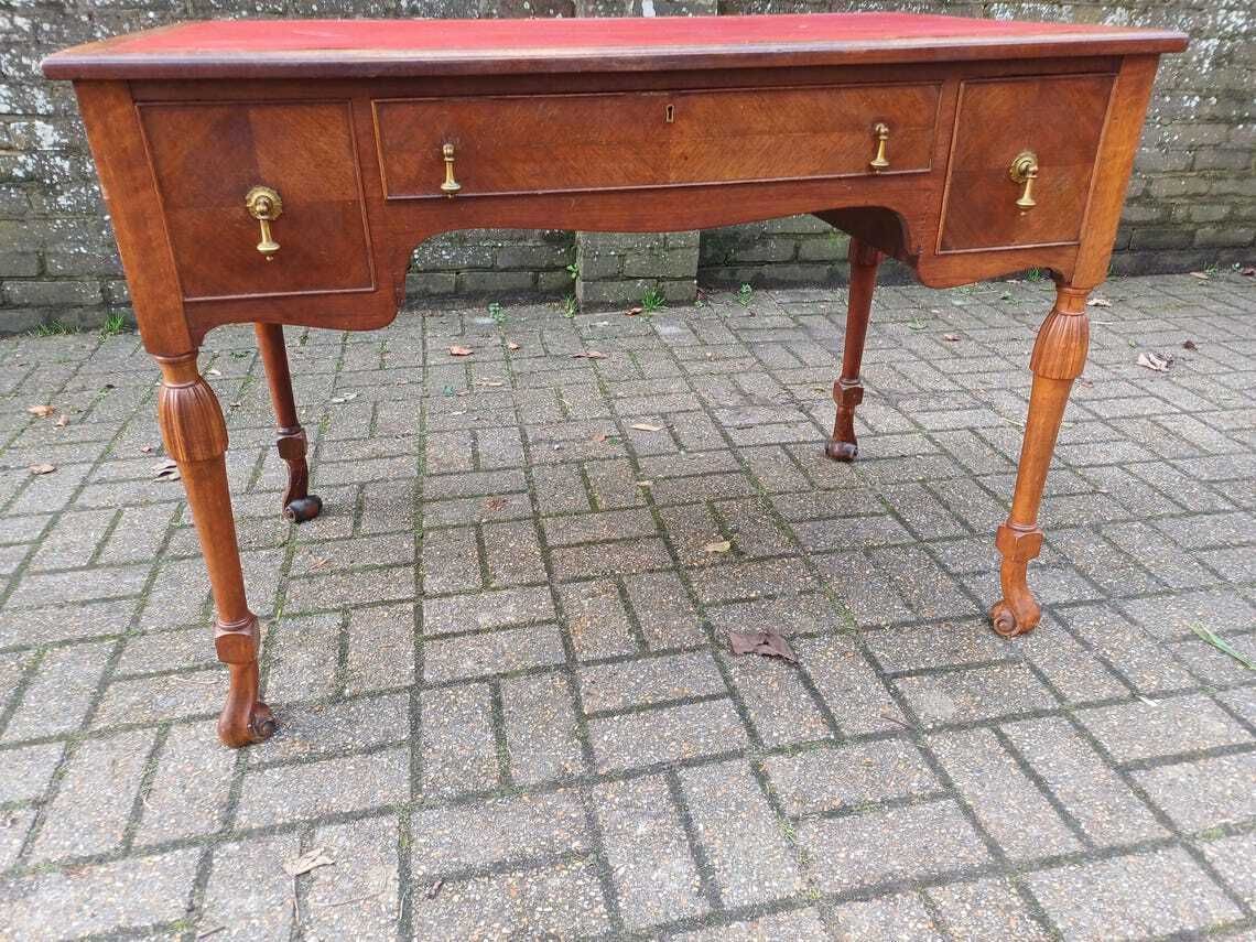 Furniture Early 20th Century Continental Mahogany Desk Table Three Drawers Brass Handles Veneered Fronts Quality Craftsmanship photo