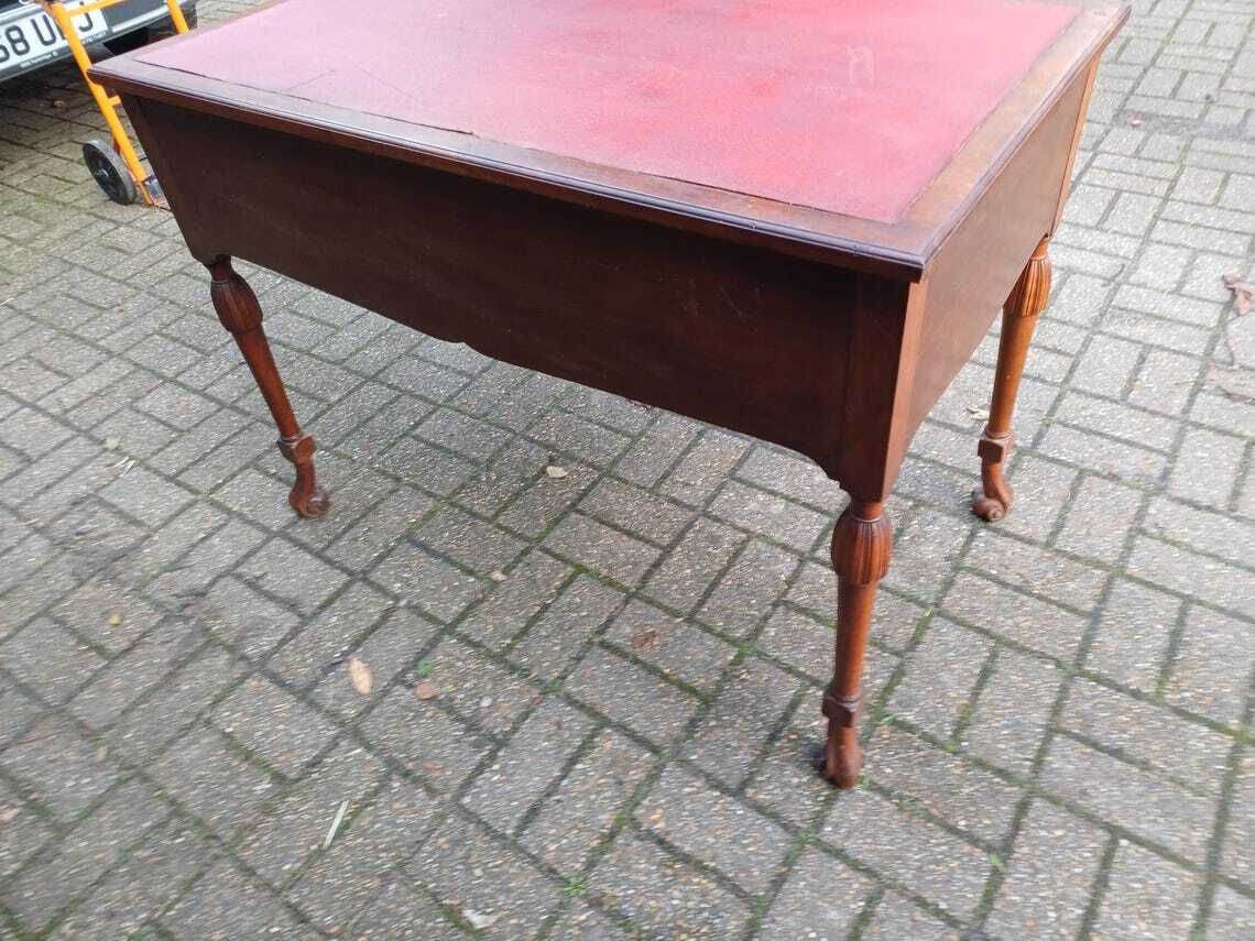 595.0 Early 20th Century Continental Mahogany Desk Table Three Drawers Brass Handles Veneered Fronts Quality Craftsmanship photo
