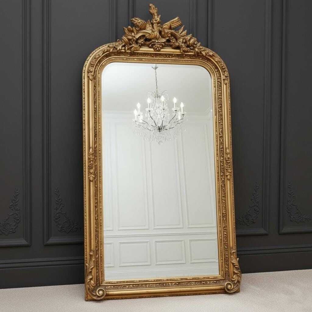 French Gilt Wood Mirror, Carved Doves & Floral Beveled Frame