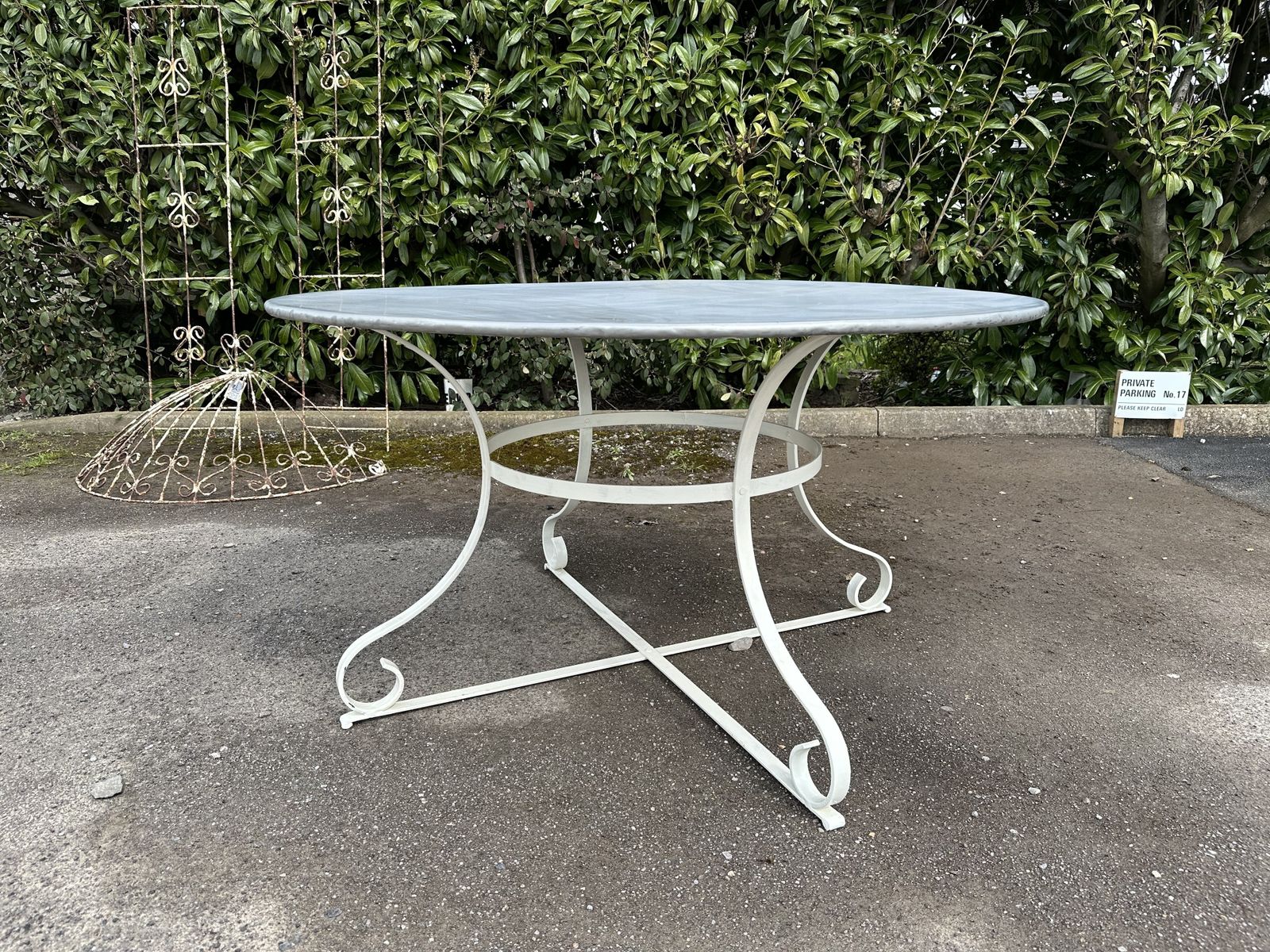 French Vintage Large Round Zinc Top Garden Table 135cm Seat 6 8