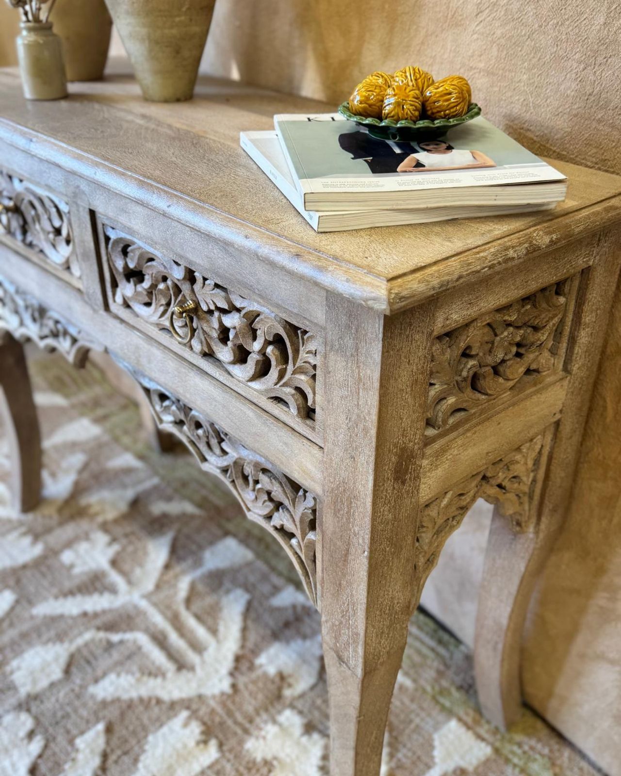 Hand Carved Mango Wood Console Table – Sandblasted Natural Finish With Two Drawers photo furniture