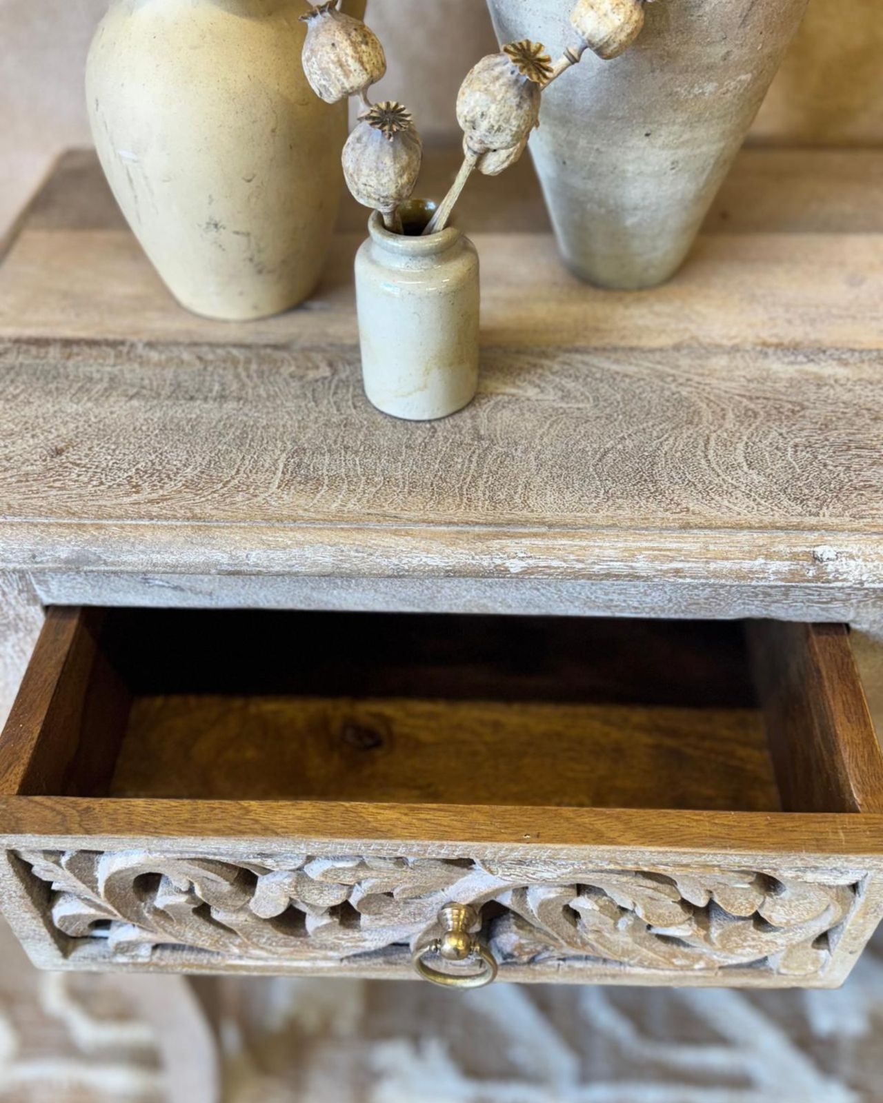 Hand Carved Mango Wood Console Table – Sandblasted Natural Finish With Two Drawers photo vinterior