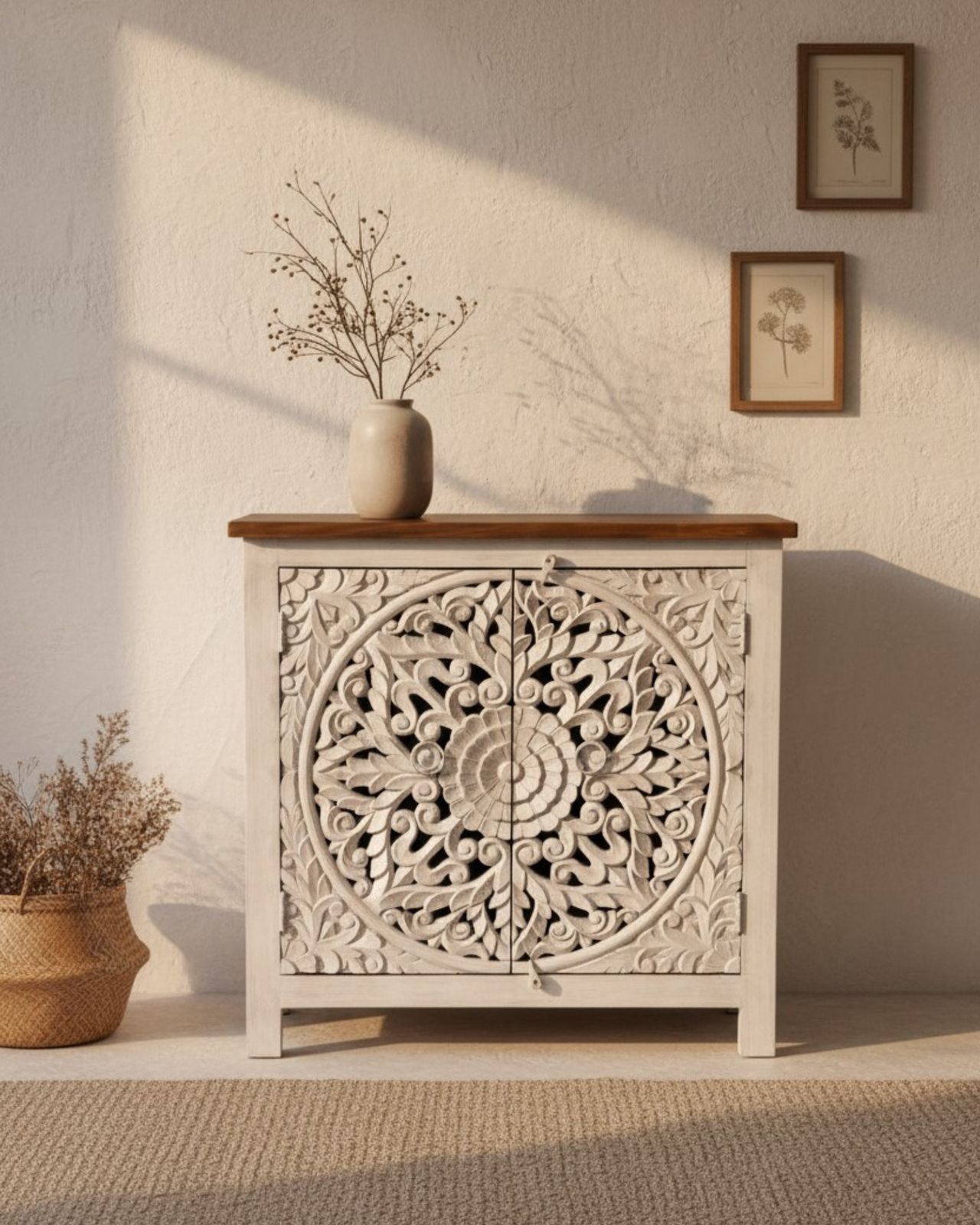 Hand Carved, Bleached Mango Wood Sideboard With Natural Top And Mandala Details. photo 625.0