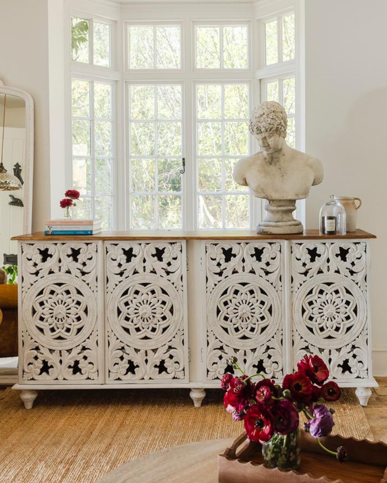 Four Door Mango Wood Sideboard, Hand Carved And Bleached, With Open Floral Design.