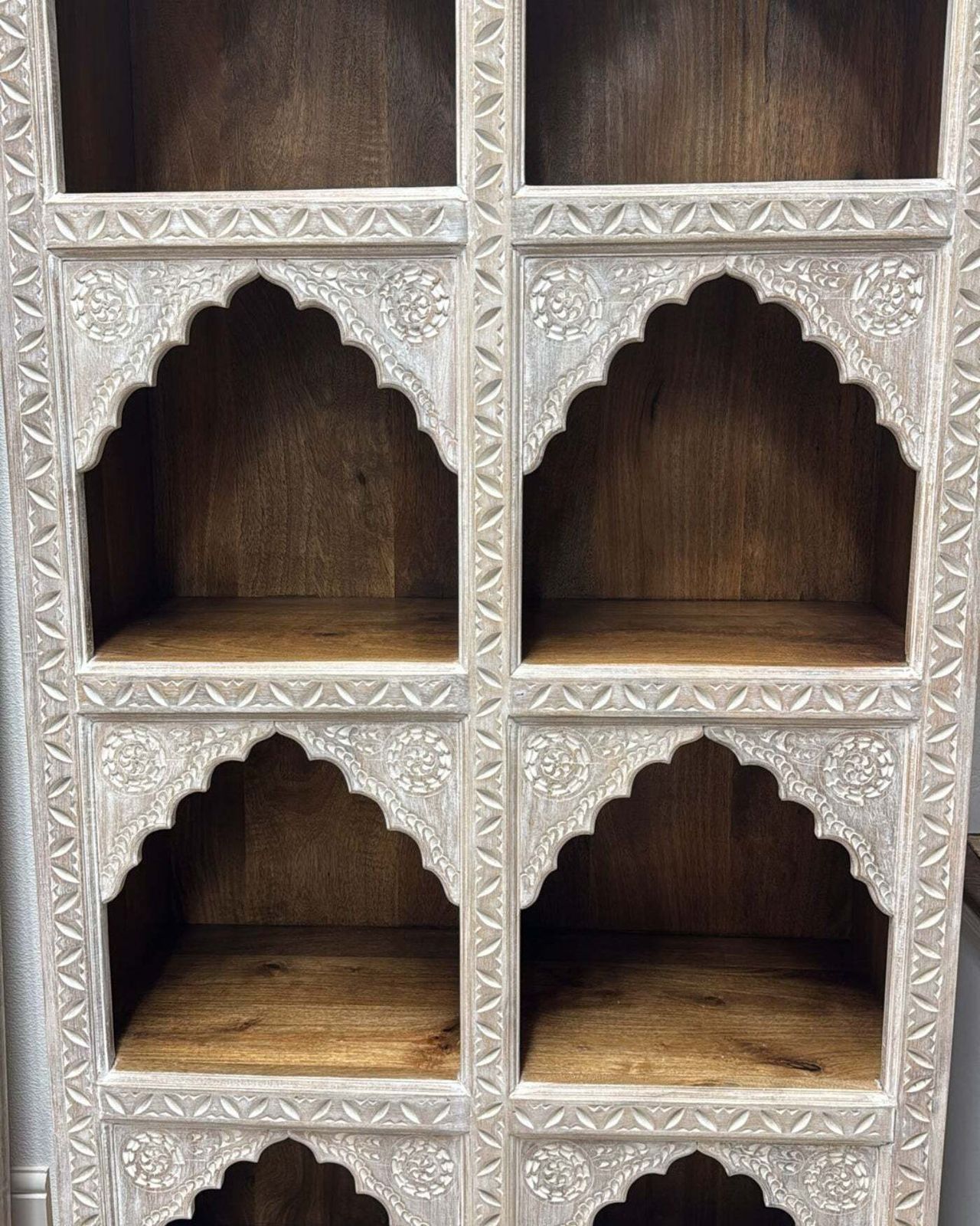 Hand Carved Mango Wood Bookcase With A Light Natural Cream Washed Finish And Arched Shelves photo vintage