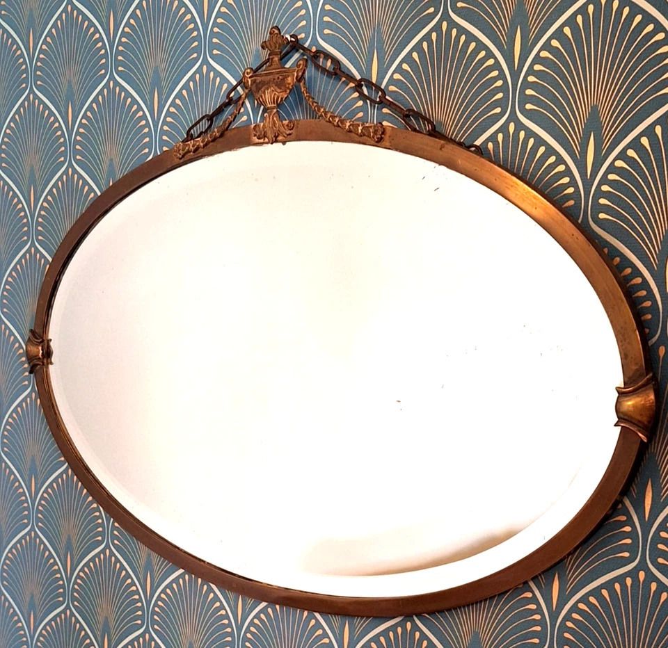 Original Rare Arts And Crafts Gilt Brass Framed Bevelled Edge Oval Wall Mirror photo buy