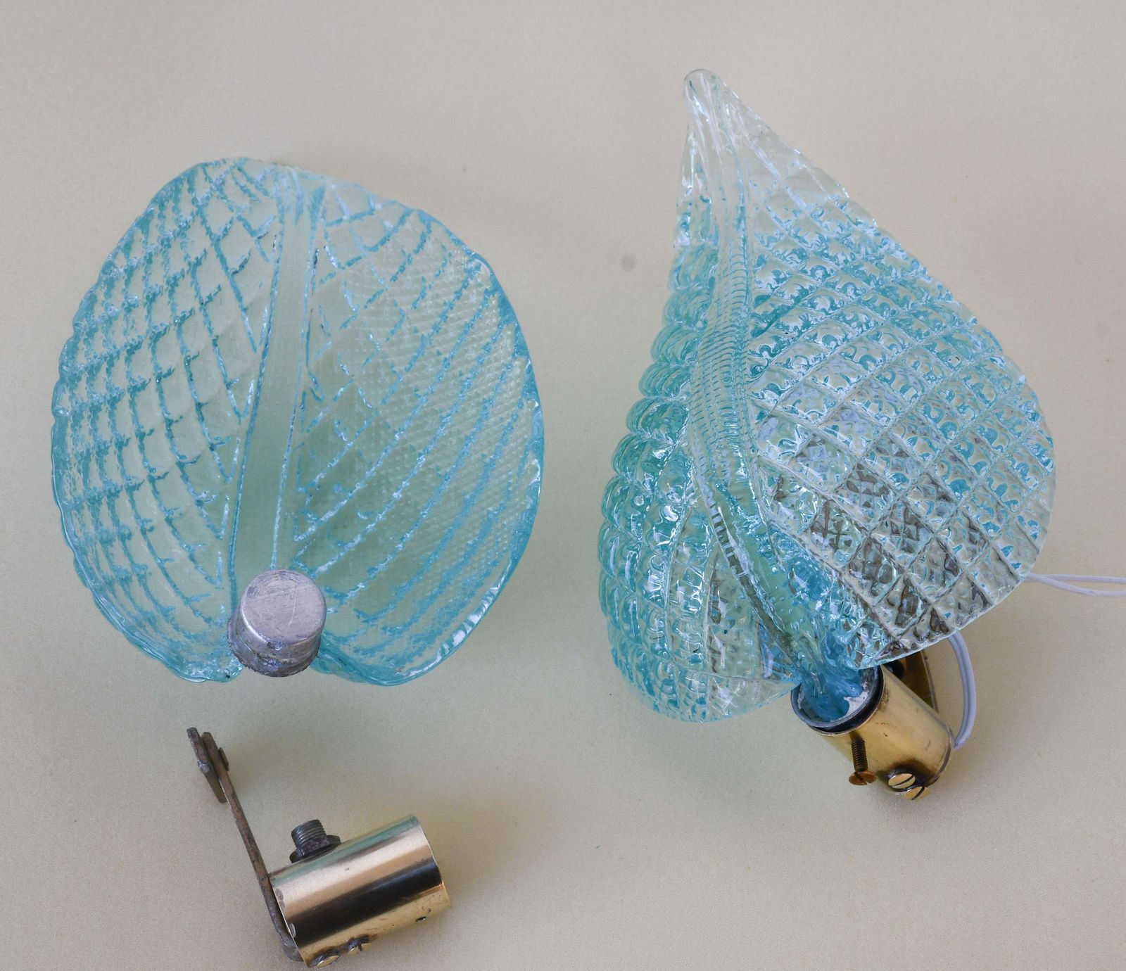 photo for sale Set Of 2 Rare Wall Light Blue Jewel Murano Glass Leave By Barovier E Toso, 1950s