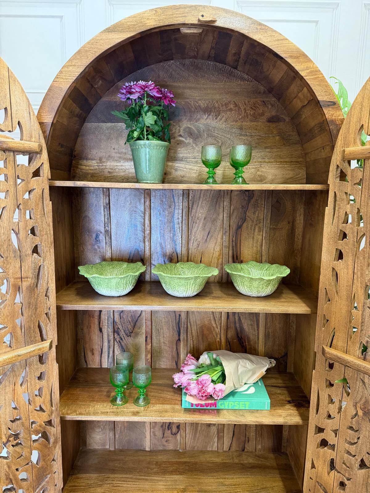Arched Wardrobe Made Of Hand Carved Mango Wood With Openwork Floral Design In A Natural Finish. photo Furniture