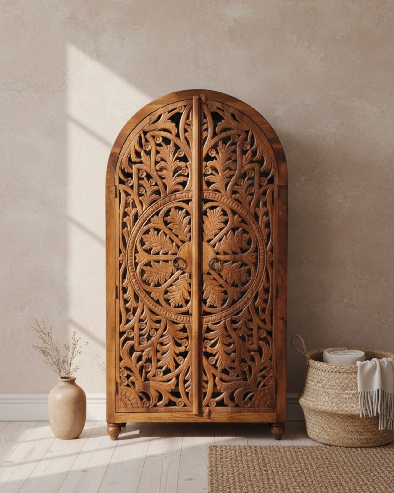 Arched Wardrobe Made Of Hand Carved Mango Wood With Openwork Floral Design In A Natural Finish. photo vinterior